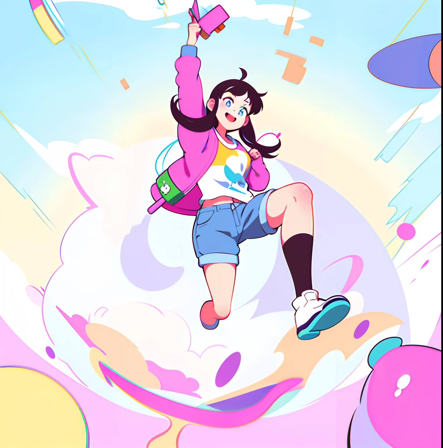 Cartoon girl jumping in the air，Holding a purple book in his hand, lofi-girl, illustratio, animation illustrative style, Praise Artstyle, hand painted cartoon art style, made in adobe illustrator, made with illustrator, Illustration 8 K, 8 K cartoon illustration, Dribbble illustration, animation style render, Lofi art, Digital anime illustration, Cartoon style illustration