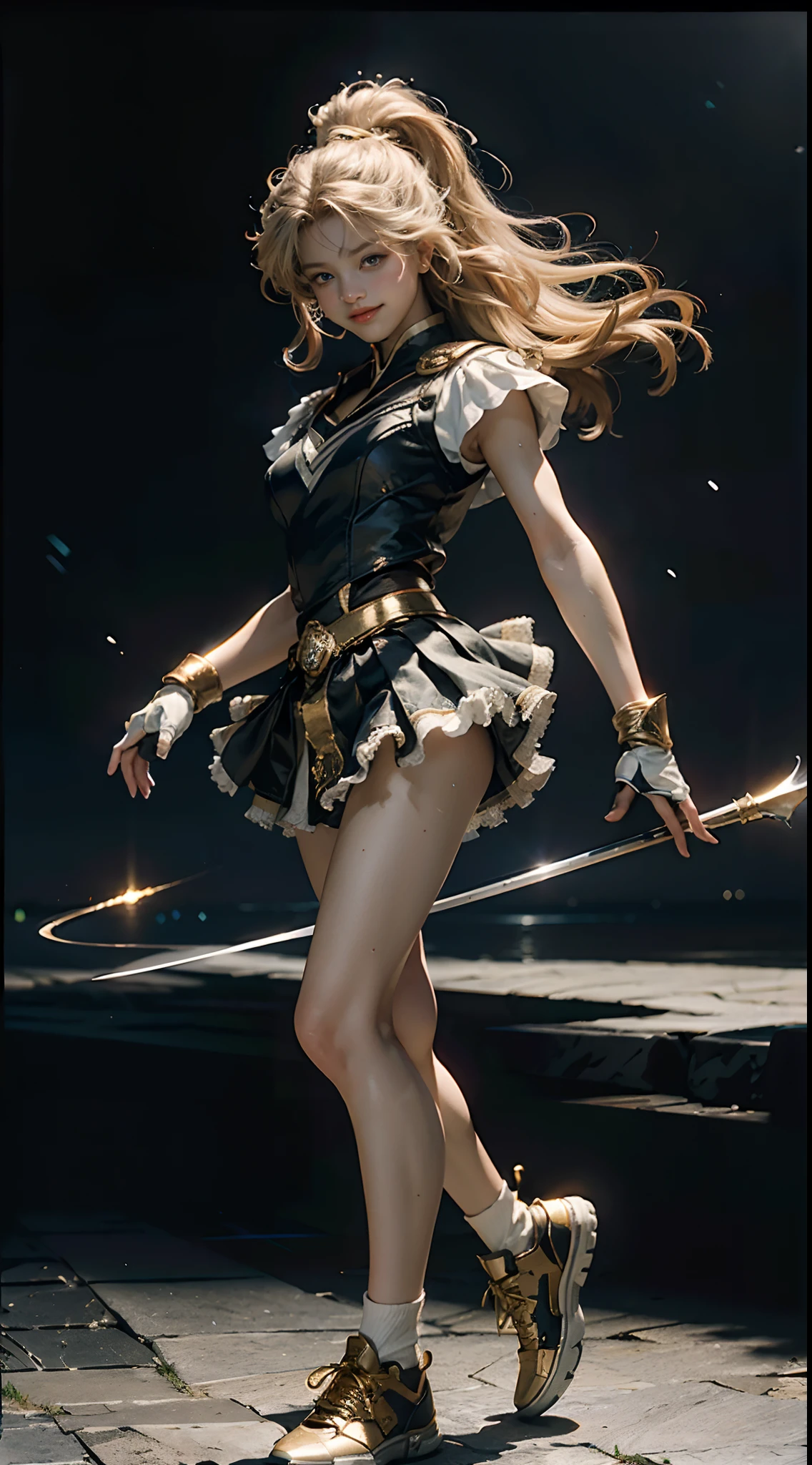 (CG Unity 8K wallpaper in extreme detail，tmasterpiece，Highest image quality)，(Delicate light and shadow，The picture is highly dramatic，Cinematic lens effect)， （the sailor moon：1.1），Charming smile，double tails， eBlue eyes，golden hair， tight top（thin and light），whitegloves， mini-skirts，dynamicposes)，The background is the universe(Exceptional detail，The lighting effect is outstanding，Vista wide angle)，(Excellent rendering，Enough to stand out from the crowd)，athletic sneakers，Covered in sweat