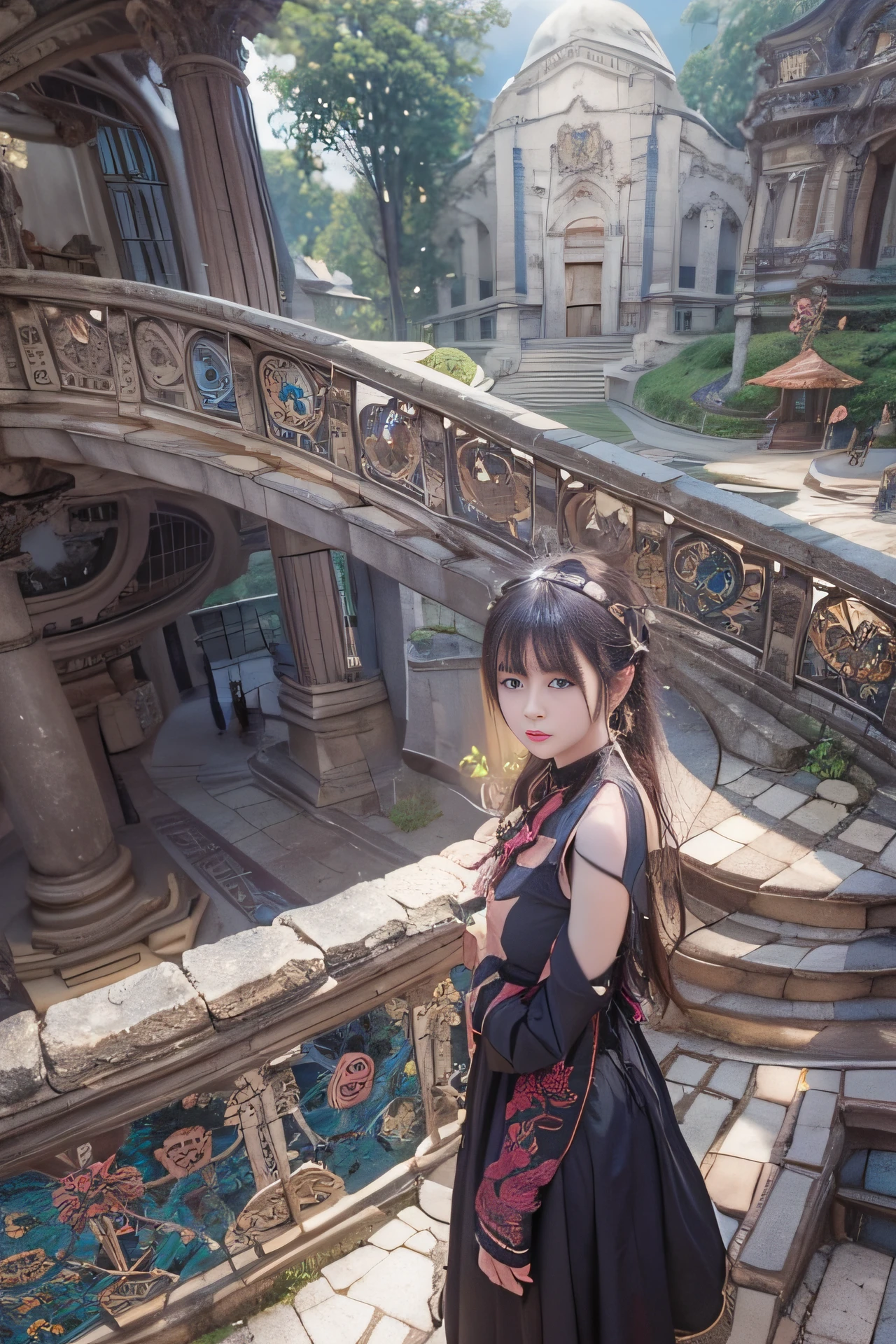 1girl in, surrealism, Verism, nffsw, retinas, Textured skin, high details, awardwinning, Best Quality, hight resolution, 8K,10yaers old、FULL BODYSHOT、beautiful a girl、Little Stone、granite、conglomerate、Frectal Color、Fractal Design、spiraling staircase、World of Dreams、with light glowing、