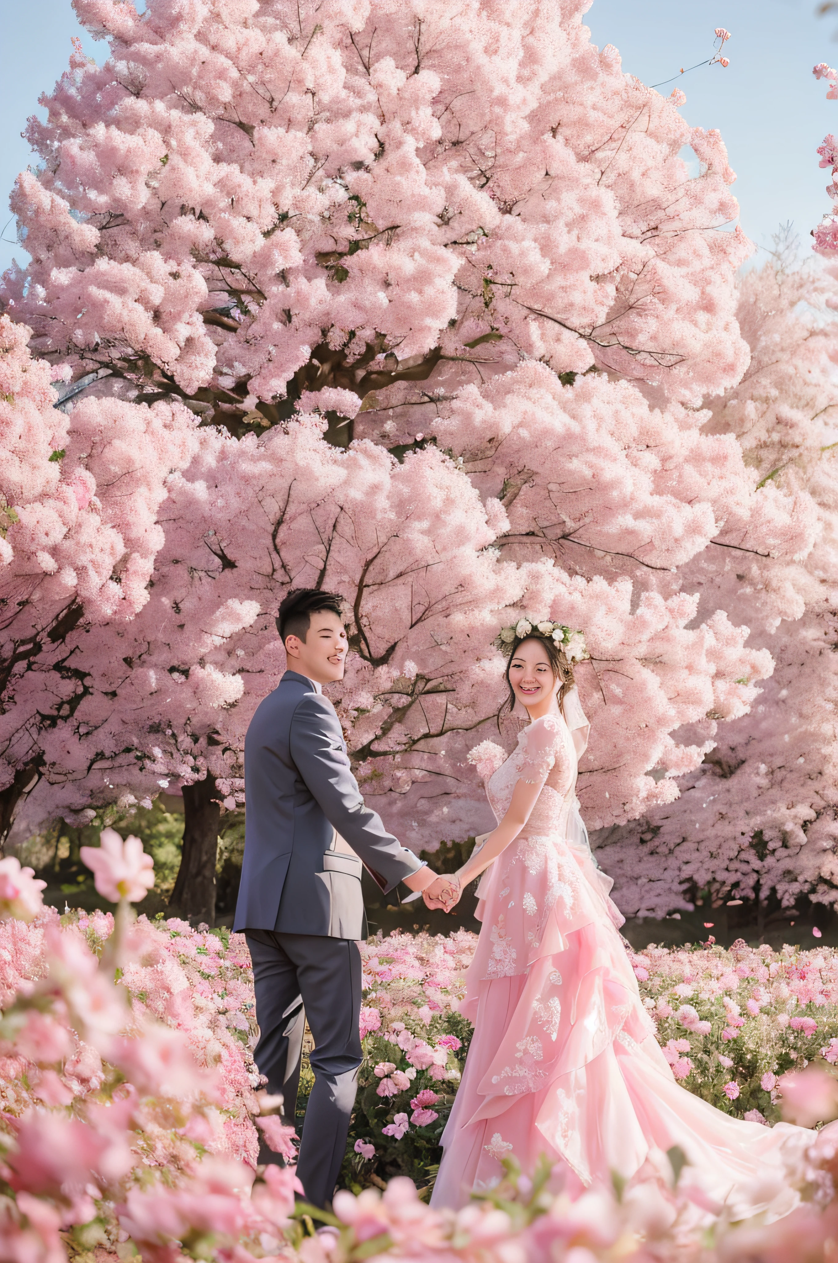 The bride and groom hold hands in a flower field, cute couple, wedding photo, shaxi, photo 85mm, Ruan Jia and Fenghua Zhong, wearing a pink ballroom gown, photo taken with canon 5d, wedding photography, outdoor fine photography, in pink forest, wearing pink romantic tutu, Photo taken with Nikon D 7 5 0
