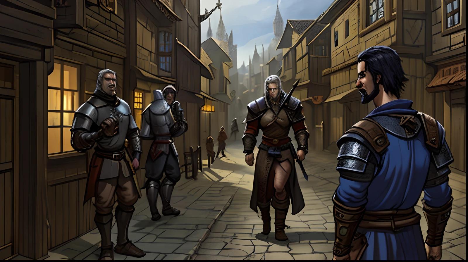 arafed image of a man standing in a street with a sword, the streets of baldur's gate, roleplaying game art, medieval fantasy game art, medieval concept art, medieval town, the witcher concept art, medieval city, rpg scene, town background, fantasy town setting, rpg art, a medieval city, rpg illustration