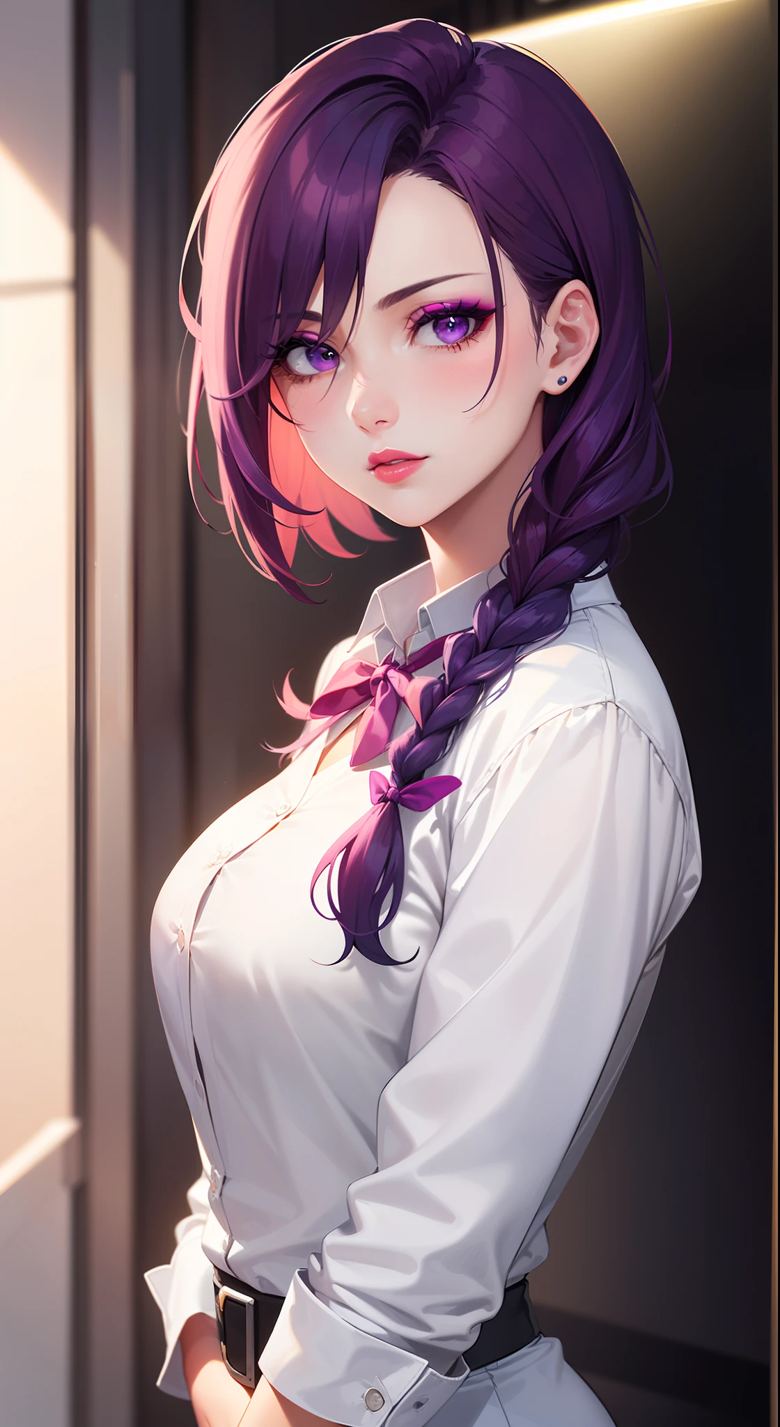 ((formal girl uniform)), upper body, seductive look, blush, indoors, in office, looking at viewer, cloudy, moody lighting, (perfect detail eyes:1.2), glowing eyes, (long hair one braid:1.2), (Masterpiece, Best Quality, High Quality:1.4), professional artwork, Intricate Details, field of view, sharp focus, detailed painting, photorealistic lighting, trending on pixiv, (vivid lighting, vibrant colors:1.05), realistic shadows, ambient occlusion, (athletic body:1.3), mature woman, 30yo, shenhe, hyperdetail eyes, beautiful eyes, (((solo:1.4))), semi-realistic hair, hyperdetailed clothes, (((beautiful makeup:1.3, beautiful pink lipstick:1.3, beautiful pink eyeshadow:1.3, purple eyes:1.0, purple hair:1.0))), (solo:1.4)
