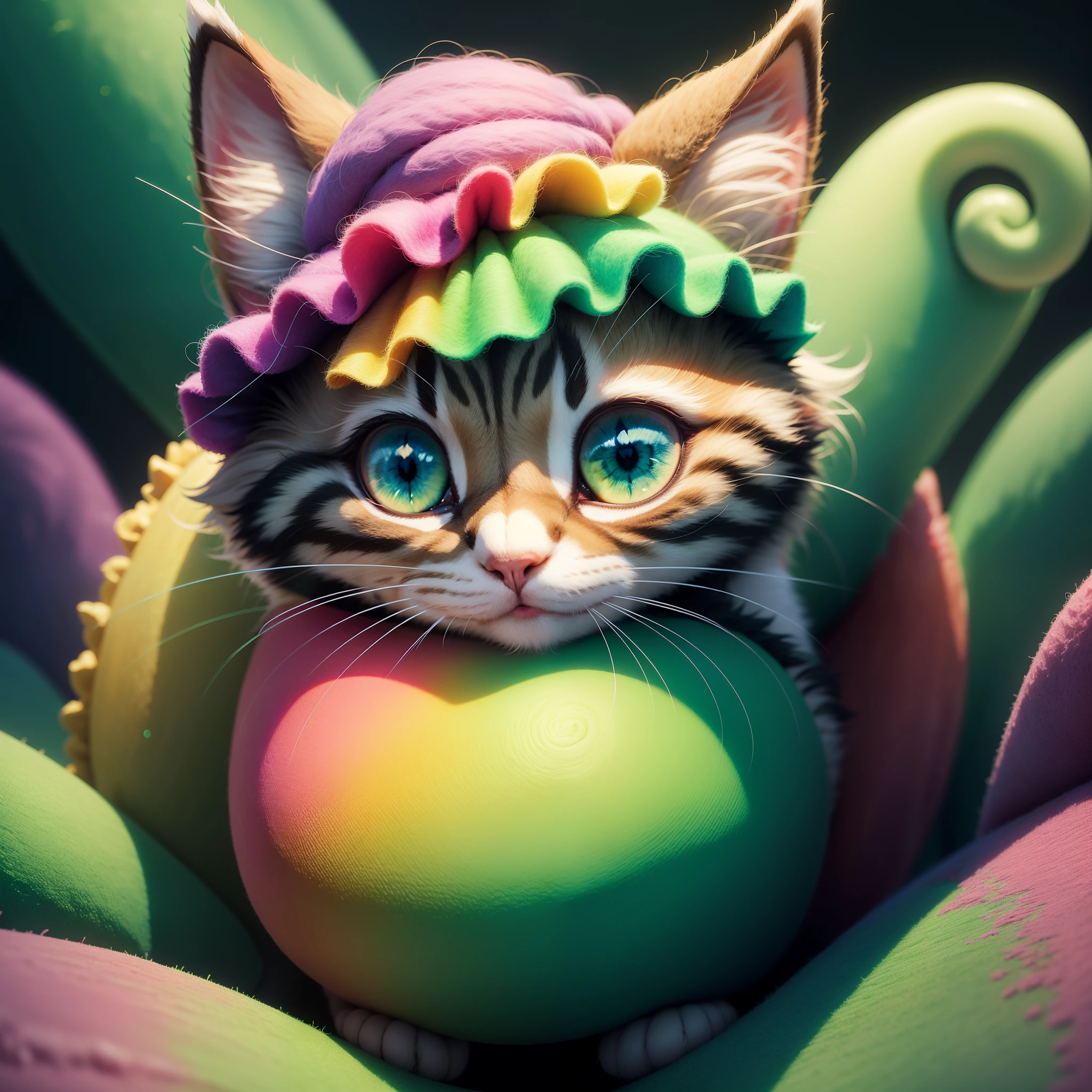 Felted kitten in candy land,with green eyes, animation,cute, ultra 8k resolution