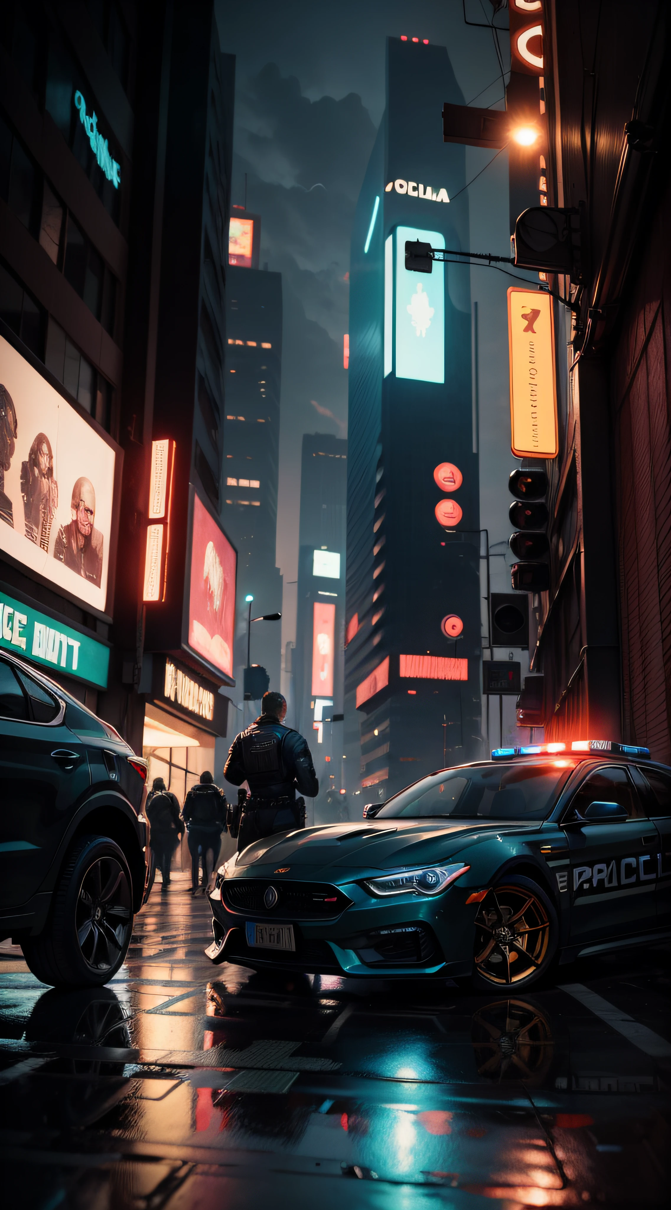 cinema, cyberpunk, neutral background, police, car