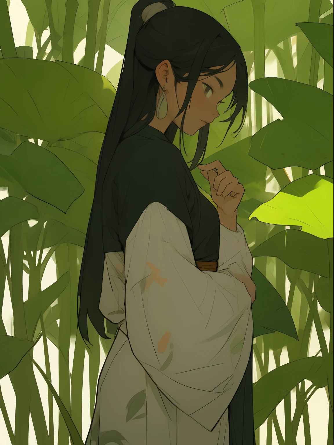 Deep in the bamboo forest, Chinese Ancient Times，raining day, A middle-aged male, 50yearsold, With a beard，long whitr hair，emaciated，dressed white hanfu, Standing in a bamboo forest, A hand touched his beard，Place one hand behind your back，look up to，Quiet, Cinematic lighting, in a panoramic view, Masterpiece, ccurate, Super detail, Award-Awarded, Best quality