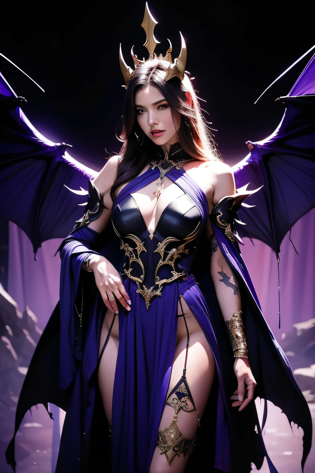 Demon King, Magical style, Full body like, Diablo Lilith, Diablo style, femele, Queen Van, The magic element is extremely strong, Costume purple-black tones, Robe with gold trim, The body has partial armor, The shoulder armor design is exaggerated, Demon design elements, There are devil's wings on the back, Demon's wings, Conceptual art, cinematic lighting, anaglyph, drop shadow, UHD, anatomically correct, textured skin, high quality, best quality, ccurate, award winning
