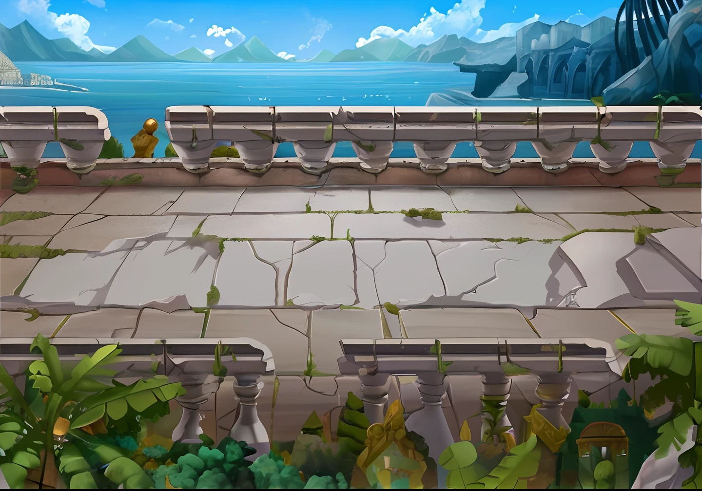 Cartoon stone terrace,Features sea and mountain views, ancient ruins background, arena background, odin's stone arena background, arte de fundo, palace background, city ruins background, royal garden background, Mobile game background, background is the ruins, gymnasium background, background artwork, atlantis background, 2 D game art background, background fortress, coliseum background, stunning arcanum backdrop