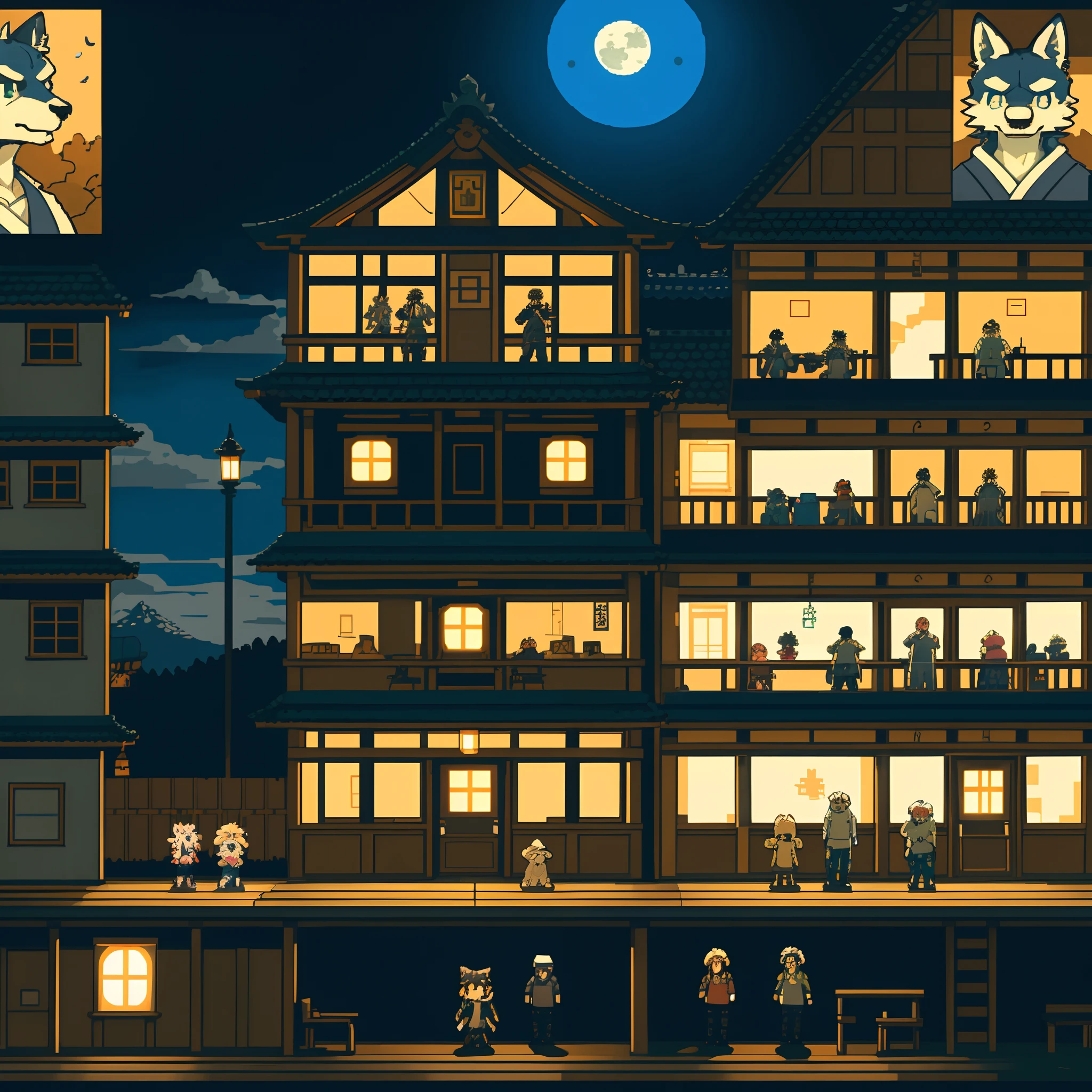highres, absurdres(highly detailed beautiful face and eyes)perfect anatomy, detailed background, User Interface of fps game, night, japanese house, deteriorated furniture, windows, moonlight, 6+boys, 6+girls, expression, good lighting, cinematic shadow(kemono, furry anthro)assorted poses,