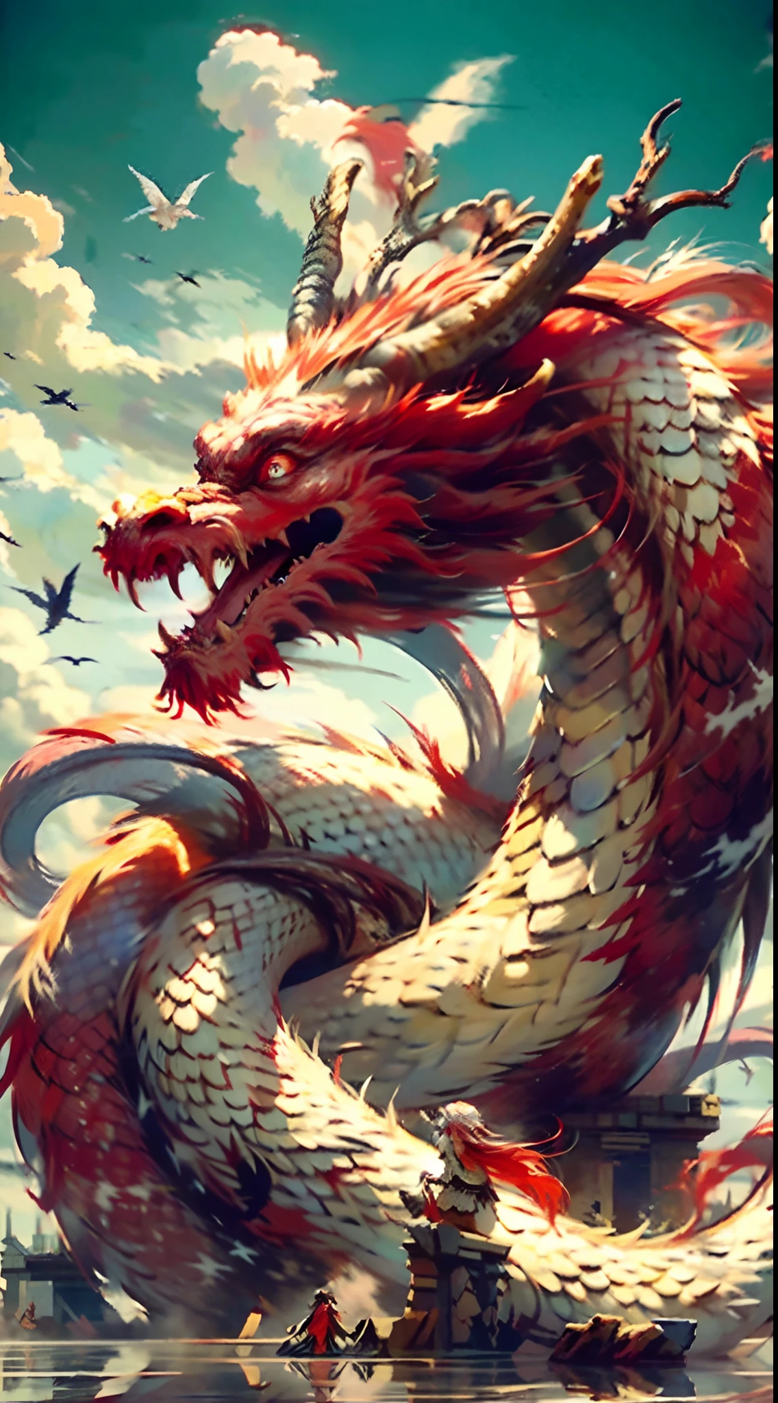 Best quality, masterpiece, ultra high res, nu no humans, (long:1.2), long hair, sharp teeth, red eyes, teeth, giant, many girls, many boys, bird, outdoors, standing, scales, cloud, horns, from behind, armor, sky, open mouth, monster, size difference, red hair, building, red dragon, many people