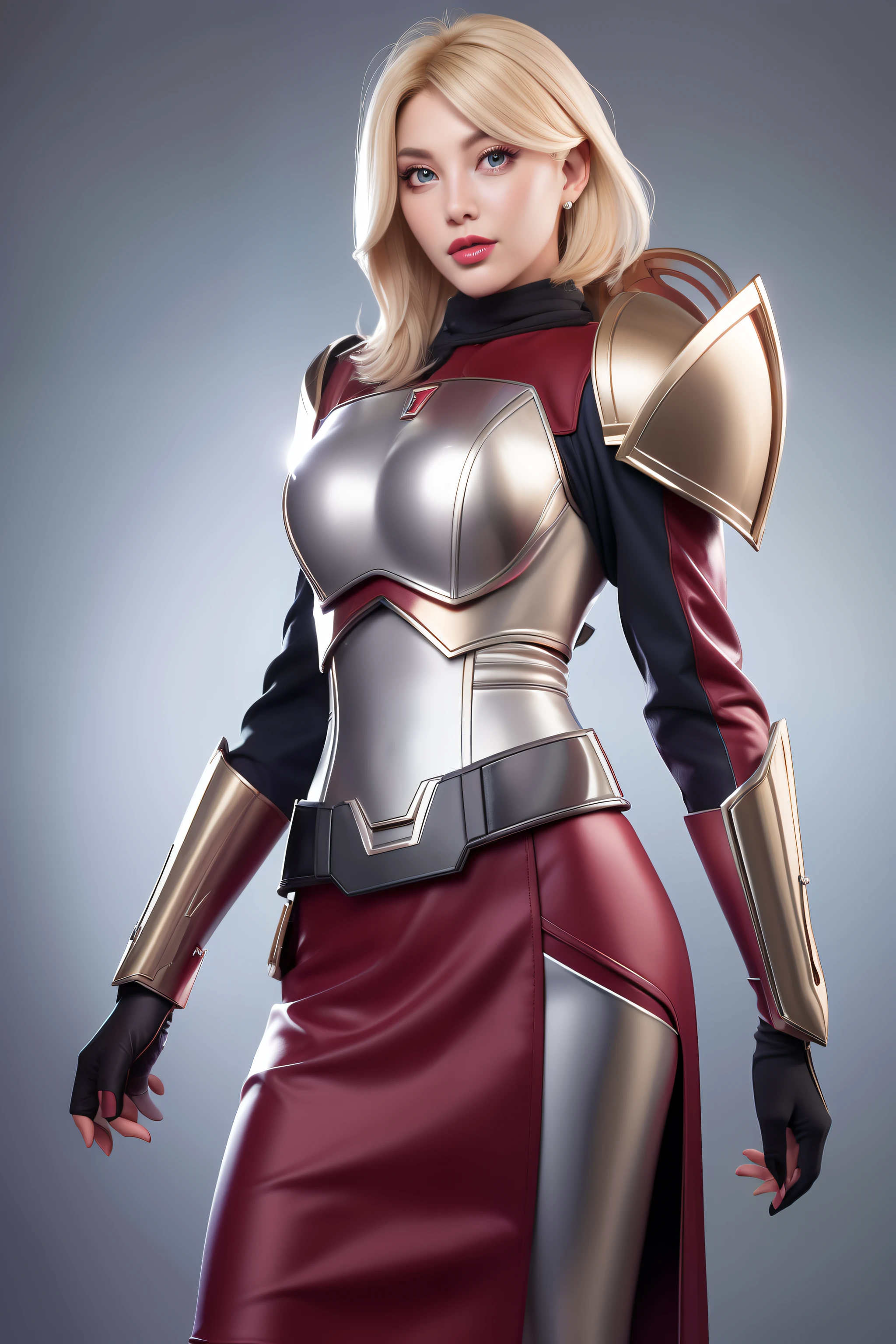 Beautiful Face Woman、a blond、Platinum background、 Beautuful Women、18year old、prety woman、hyper realistic photography、High-definition photos、Red Lipstick、Mandalorian Style Metal Armor Skirt Suit、big eye、The skin is not very exposed、Do not cut your head off the screen、skirt by the、android