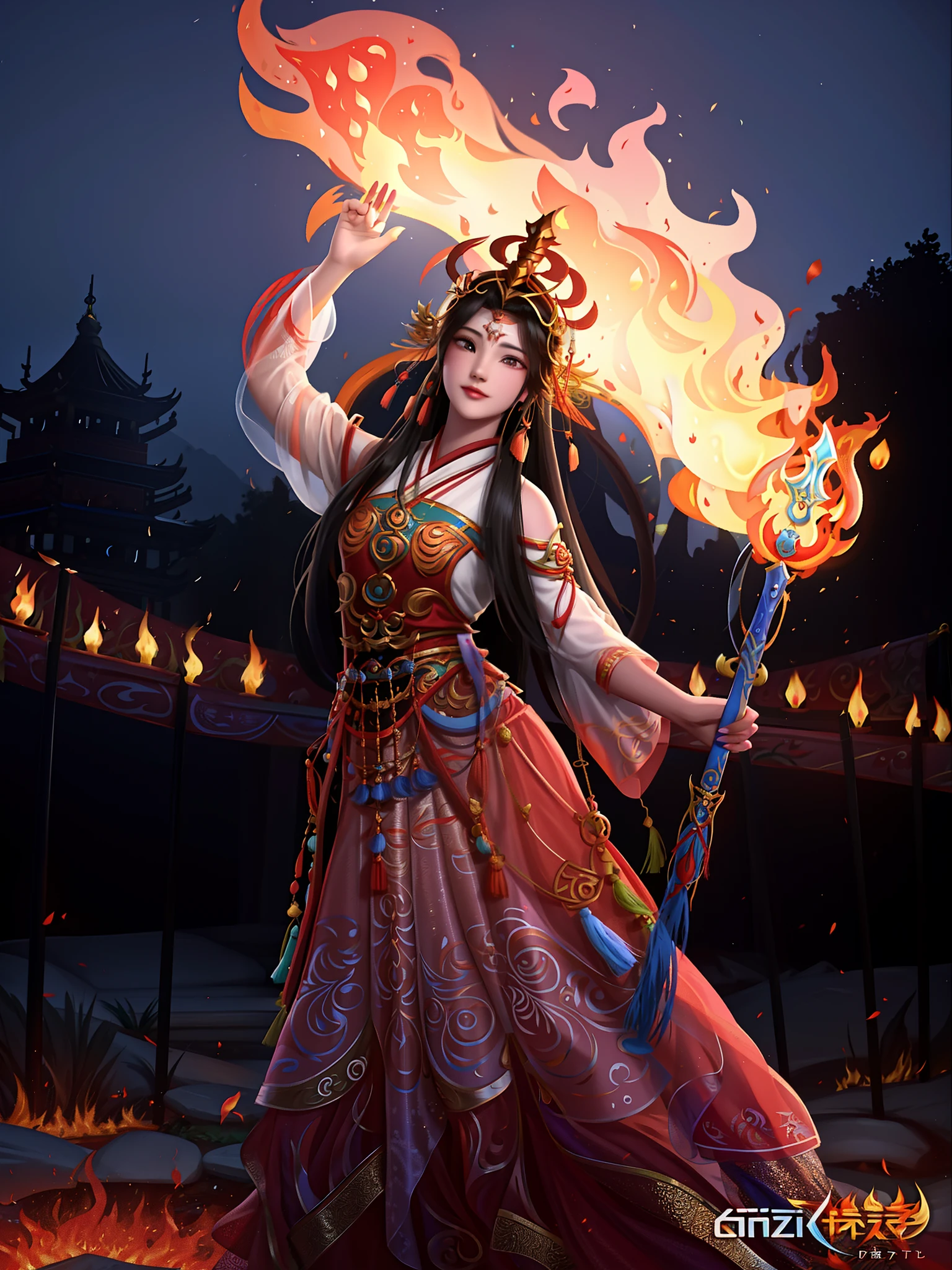 Women dressed in ethnic minority costumes carry fire sticks and fires, appears as the fire goddess, fiery flames, flames surround her, the fire goddess, nezha, the fire queen, trending on cgstation, Rosla global lighting, ne zha from smite, Beautiful rendering of ethnic minorities in the Tang Dynasty, firebending, Beautiful digital artwork