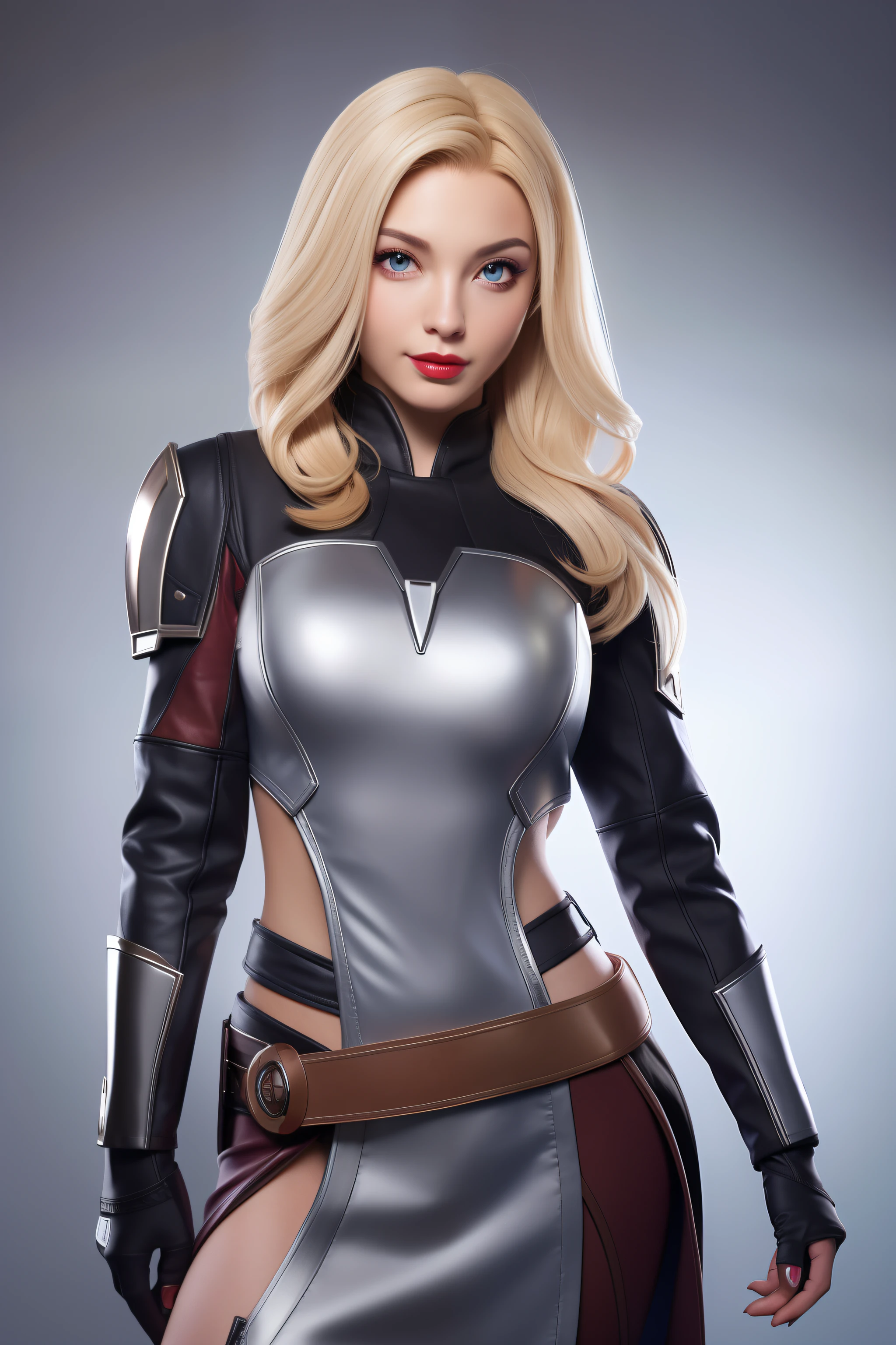 Beautiful Face Woman、a blond、Platinum background、 Beautuful Women、18year old、prety woman、hyper realistic photography、High-definition photos、Red Lipstick、Mandalorian Style Metal Armor Skirt Suit、big eye、The skin is not very exposed、Do not cut your head off the screen、skirt by the、android