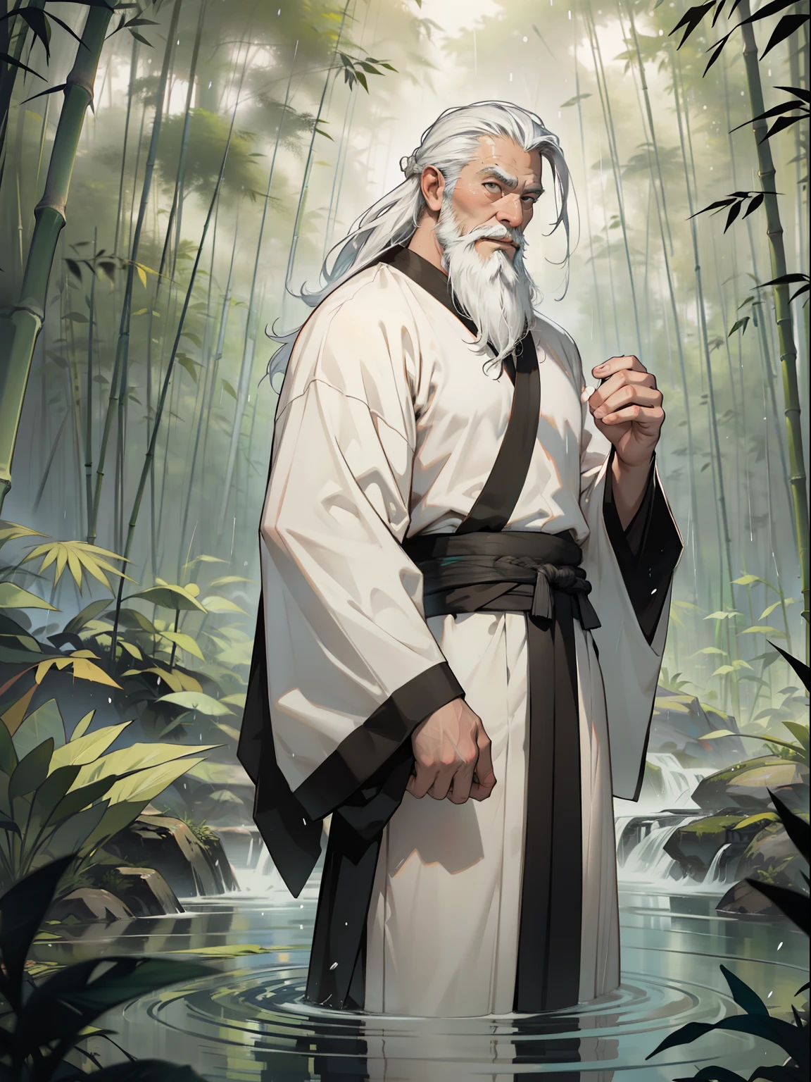 Deep in the bamboo forest, Chinese Ancient Times,raining day, A middle-aged male, 50yearsold, With a beard,long whitr hair,emaciated,dressed white hanfu, Standing in a bamboo forest, A hand touched his beard,Place one hand behind your back,look up to,Quiet, Cinematic lighting, in a panoramic view, Masterpiece, ccurate, Super detail, Award-Awarded, Best quality