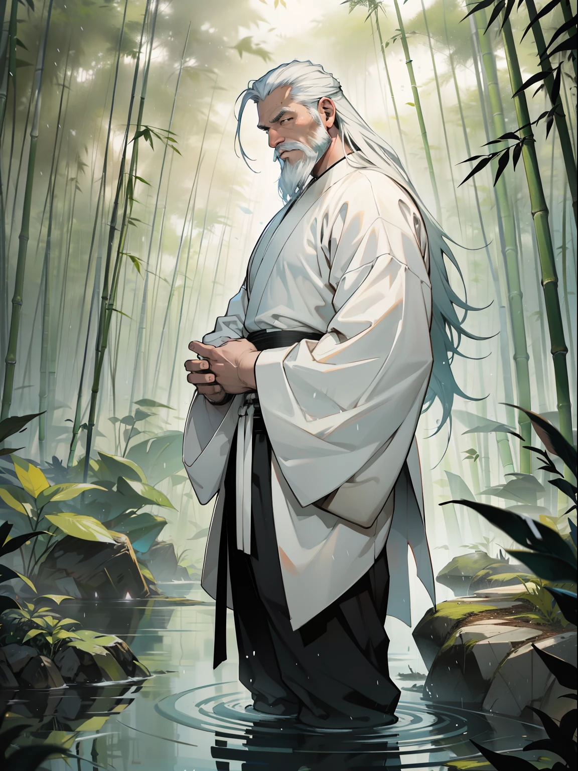 Deep in the bamboo forest, Chinese Ancient Times，raining day, A middle-aged male, 50yearsold, With a beard，long whitr hair，emaciated，dressed white hanfu, Standing in a bamboo forest, A hand touched his beard，Place one hand behind your back，look up to，Quiet, Cinematic lighting, in a panoramic view, Masterpiece, ccurate, Super detail, Award-Awarded, Best quality