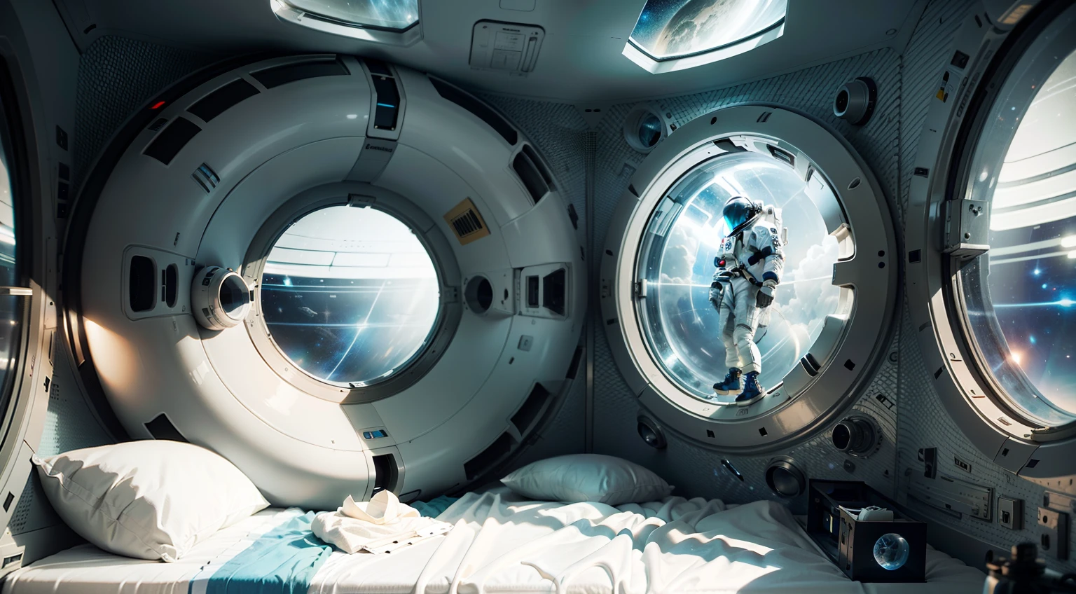 Space House,Space capsule,The astronaut,inside in room,photorealestic,Sketch style,solo person,Close-up,Dilit interior,Dark tones