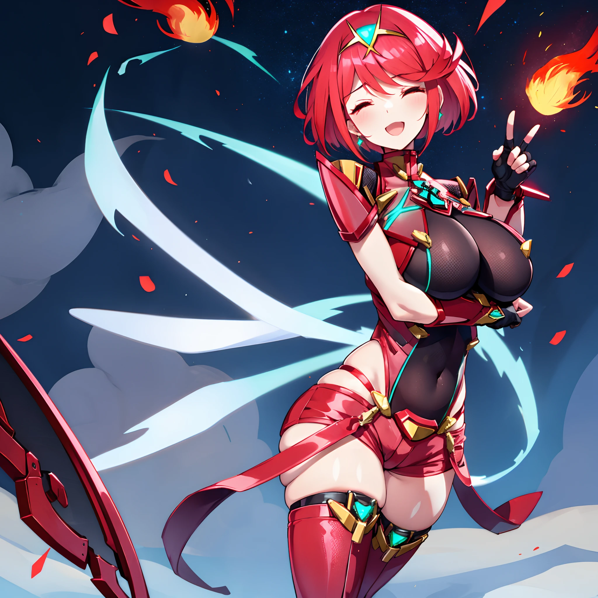 pyra \(xenoblade\), teen_1girl, armor, bangs, black gloves, breasts, red eyes, closed mouth, earrings, eyelashes, fingerless gloves, floating hair, framed breasts, gem, gloves, hair ornament, headpiece, jewelry, big_breasts, leaning back, leotard, neon trim, official art, pose, red hair, red shorts, saitou masatsugu, short hair, short shorts, short sleeves, shorts, sidelocks, skin tight, solo, standing, swept bangs, thighhighs, tiara, night_prairie_background, turtleneck, underbust, vambraces, xenoblade chronicles \(series\), (xenoblade chronicles 2), apart_legs, fire_effect,dynamic_pose_fighting,light_smile, (plump:1.1), big_ass,huge_sword, hold_large_sword_hilt, solo, covered_nipples, covered_pussy,open_mouth,closed_eyes,