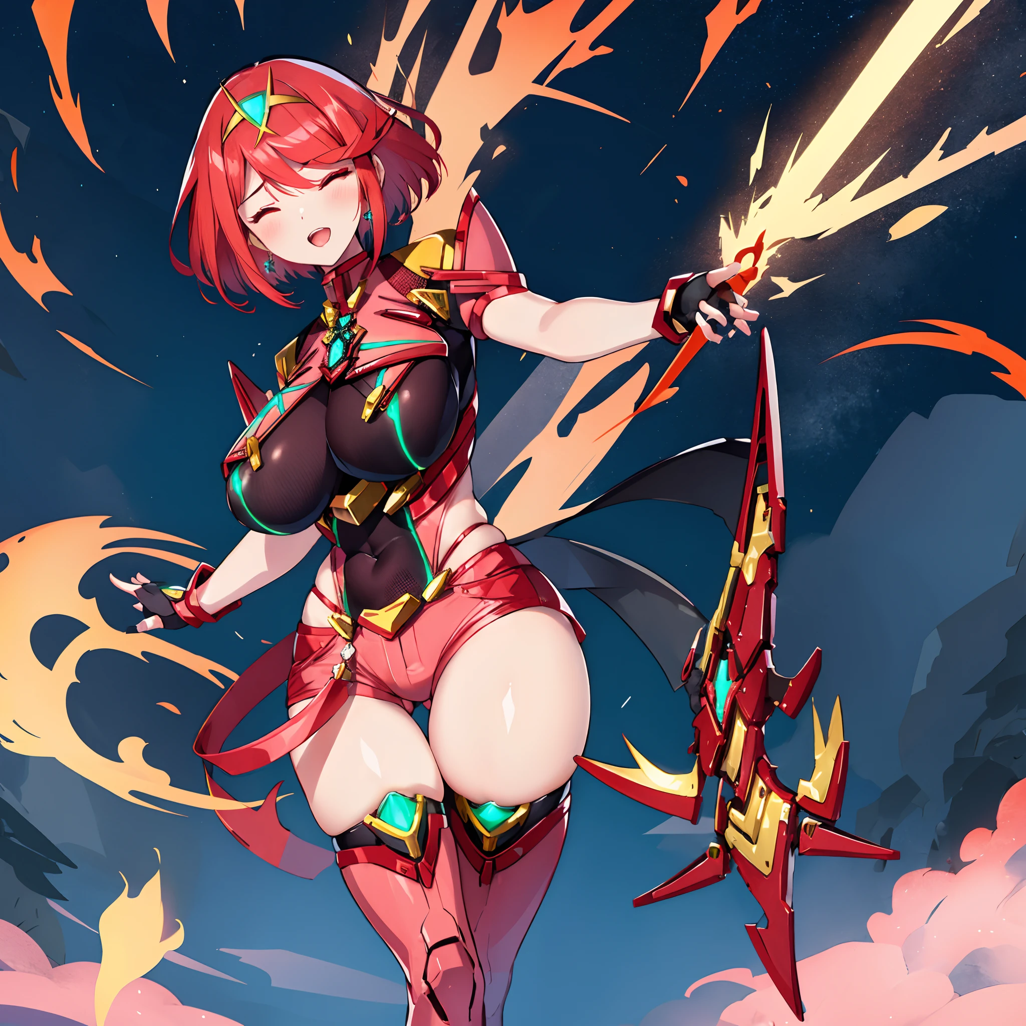 pyra \(xenoblade\), _1girl, armor, bangs, black gloves, breasts, red eyes, closed mouth, earrings, eyelashes, fingerless gloves, floating hair, framed breasts, gem, gloves, hair ornament, headpiece, jewelry, big_breasts, leaning back, leotard, neon trim, official art, pose, red hair, red shorts, saitou masatsugu, short hair, short shorts, short sleeves, shorts, sidelocks, skin tight, solo, standing, swept bangs, thighhighs, tiara, night_prairie_background, turtleneck, underbust, vambraces, xenoblade chronicles \(series\), (xenoblade chronicles 2), apart_legs, fire_effect,dynamic_pose_fighting,light_smile, (plump:1.1), big_ass,huge_sword, hold_large_sword_hilt, solo, covered_nipples, covered_pussy,open_mouth,closed_eyes,