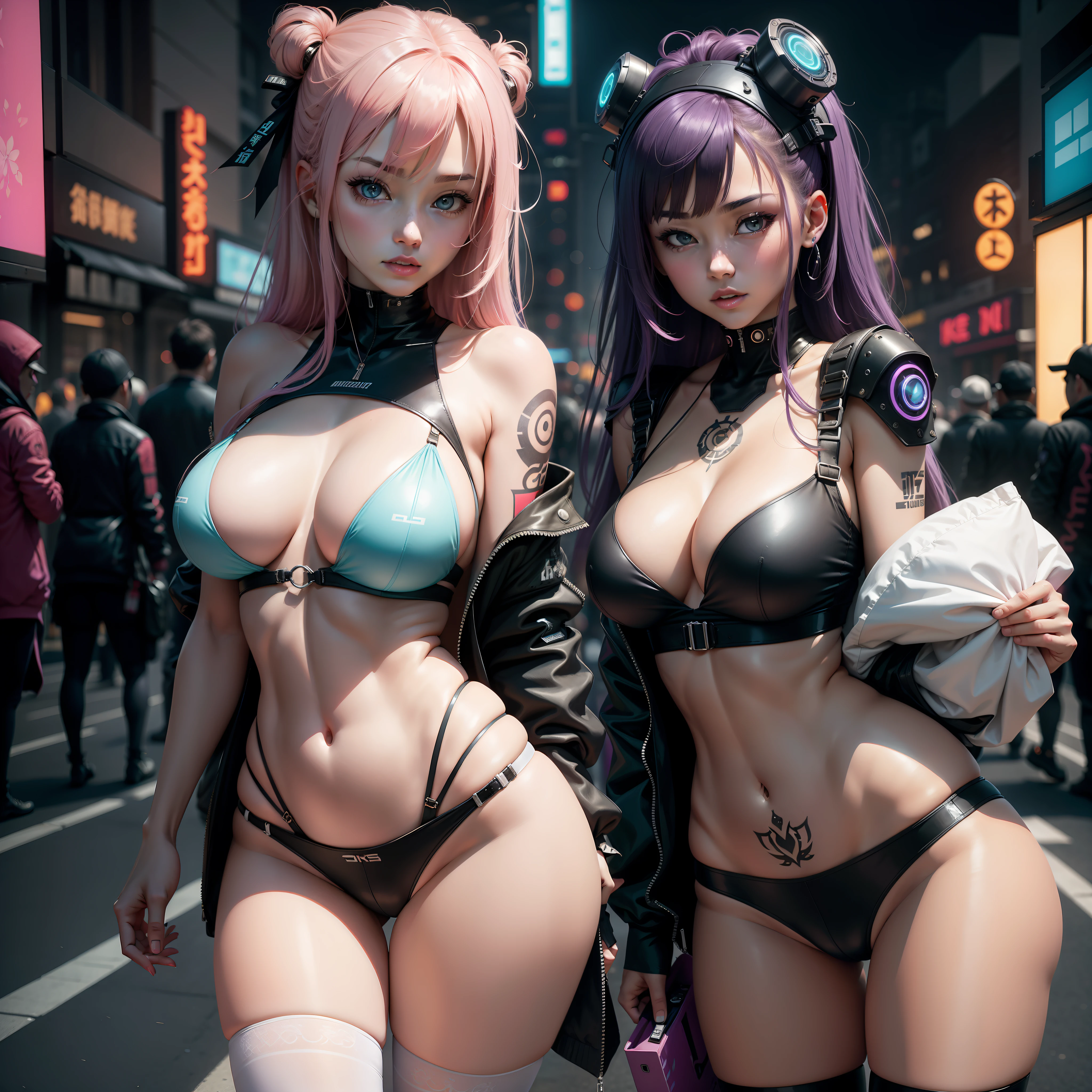 (cyber punk perssonage:1.4),(真实感:1.4),(best qualtiy:1.0),(超高分辨率:1.0),8k,RAW photos,(tmasterpiece:0.2),ultra - detailed,1girl,paleskin,White tattooed stockings,huge tit,Delicate skin,looking at viewert,pillow head,Have on the street,The streets are full of neon lights