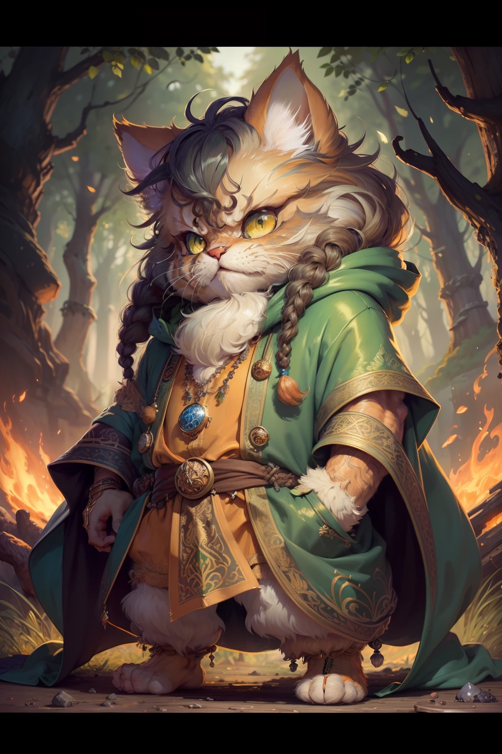 Hyper-detailed painting, Jean-Baptiste Monge style, persian cat Anthropomorphic, mage, ,, , (extremely intricate robes, magical robes orange and green  ),, ,, , highest quality,, very angry face, body fitness, full body, long hair with braids, at night in the forest with fireflies,