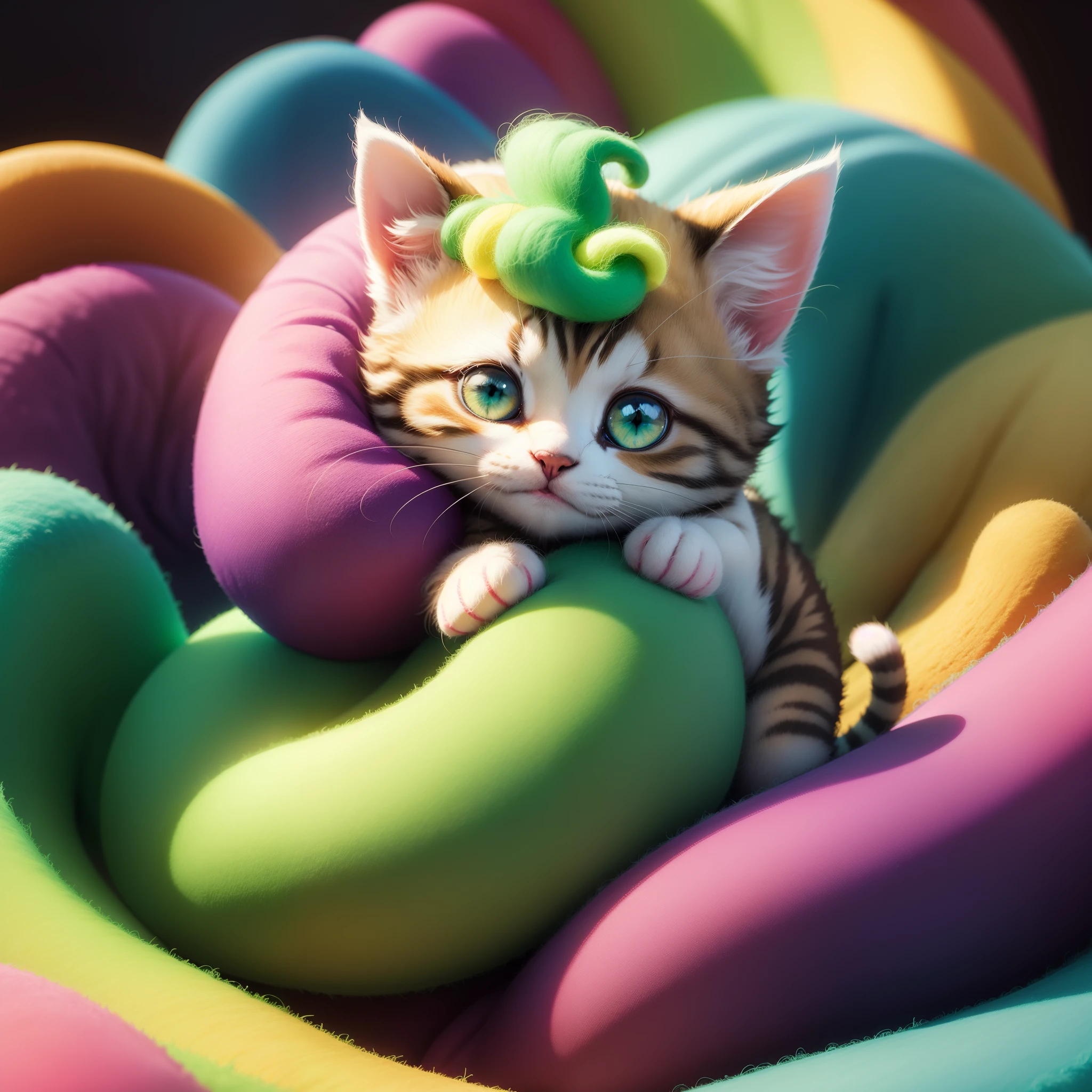 Felted kitten in candy land,with green eyes, animation,cute, ultra 8k resolution