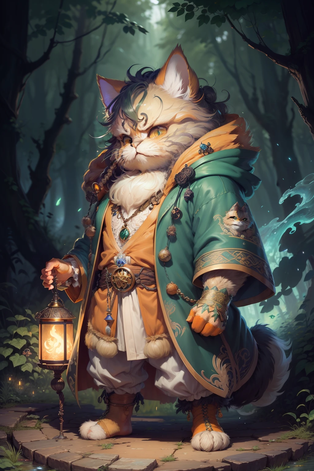 Hyper-detailed painting, Jean-Baptiste Monge style, persian cat Anthropomorphic, mage, ,, , (extremely intricate robes, magical robes orange and green ),, ,, , highest quality,, very angry face, body fitness, full body, long hair with braids, at night in the forest with fireflies,