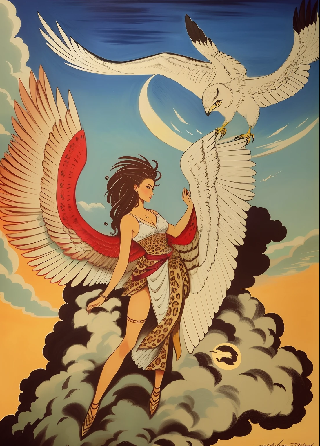 Draw a woman and two birds of prey on a cloud, The goddess's hair turns into clouds,Grab the clouds in the sky with both hands,The raptor has cheetah-like piebalds on its body,There is an aperture,Bizarre sky,alien worlds,
