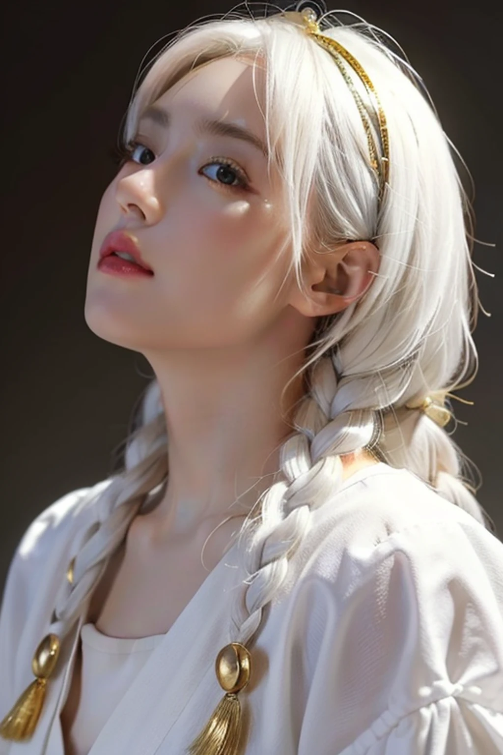 best quality, masterpiece,white hair, gold eyes,white clothes, looking up, upper body,hair strand,Fair skin,side braids