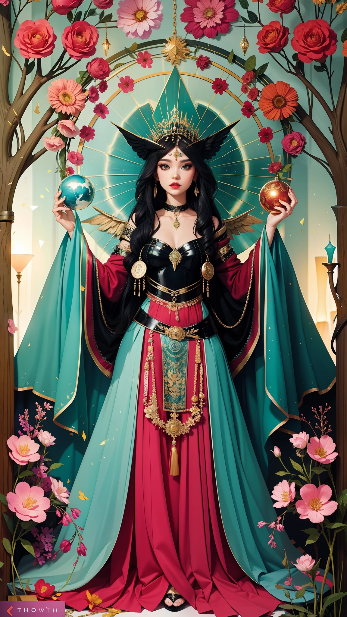 Model: long wavy hair, full dark lips, Smoky eyes, BREAK, Setting: Room with black color, Broken glass,multicolored neon crystals, BREAK, bodypaint: Polychromatic geometric patterns, Torso cover, Arms and legs, BREAK, Accessories: Chrome-plated chains with torn body, Silver Choker, black feathered white black wings, Naked, Topless, naked body,BREAK, the pose:, looking forward, truth, Magic, Magic, up close, northern lights, spectrum