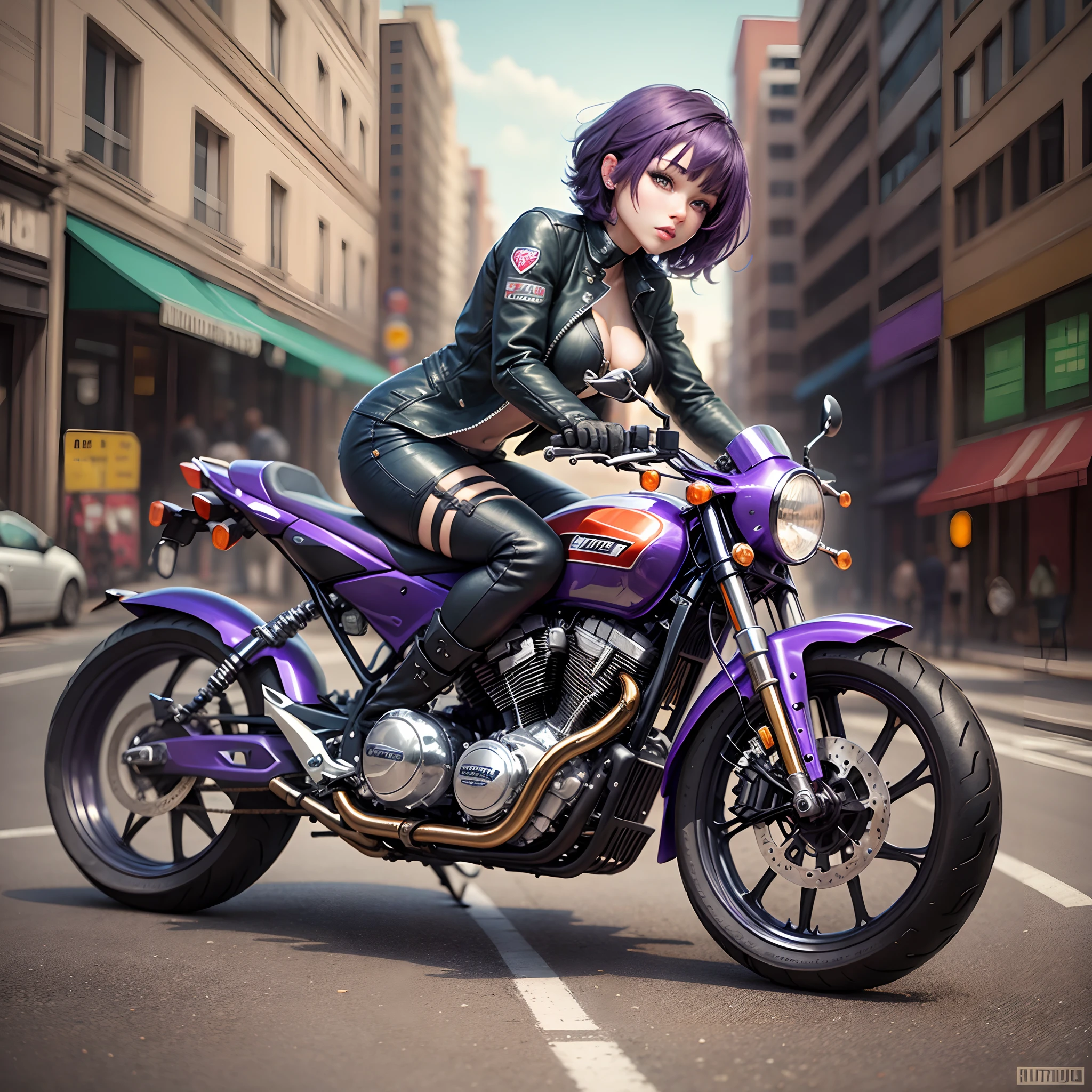 Motorcycle, sexy female, short purple hair, violet eyes, city --auto --s2