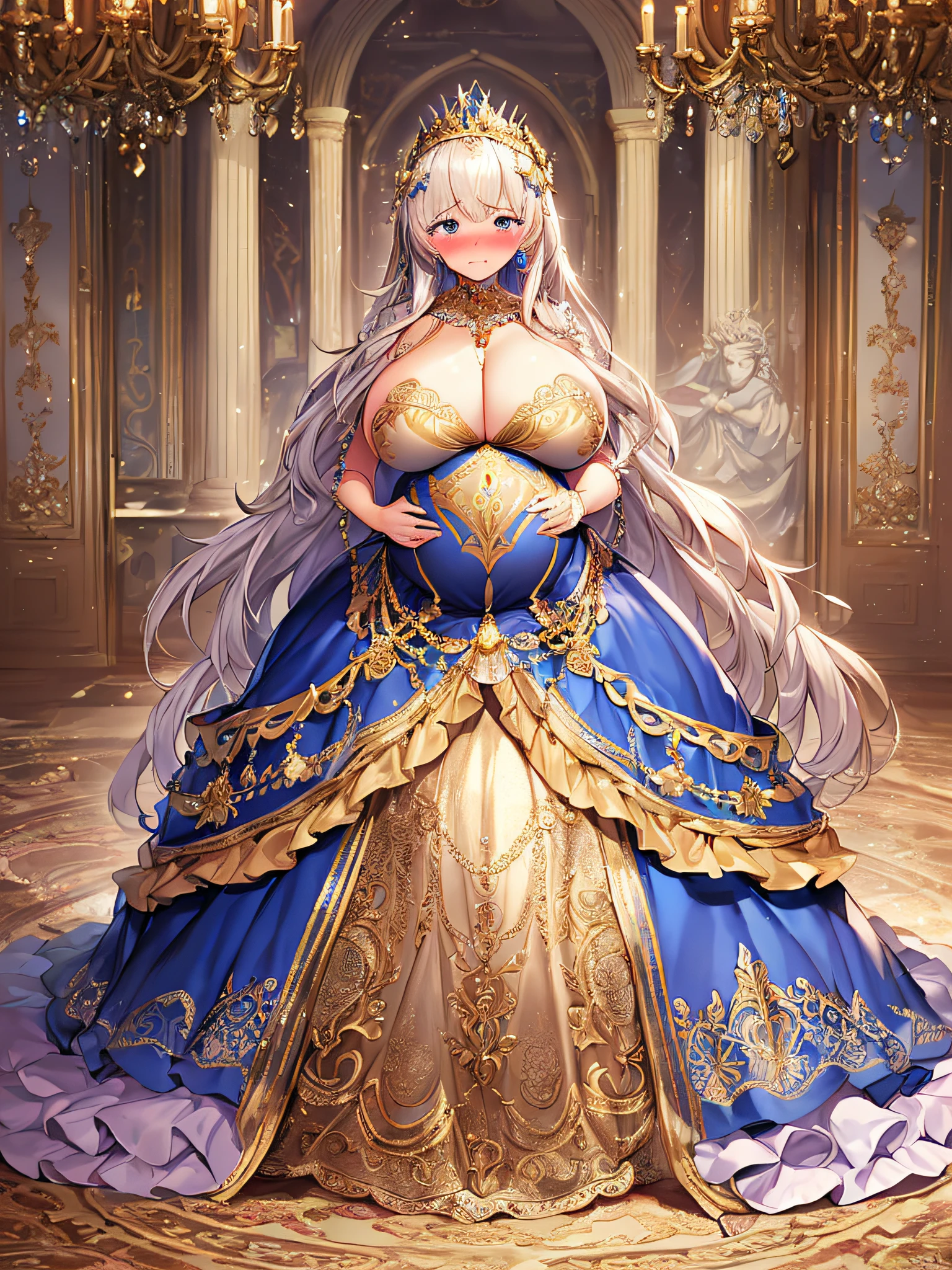 ((anime artstyle)),(Masterpiece),(Best Quality), (Super Detail),((Very Delicate and Beautiful)),(((Solo))),((full body)),(((1 bling-bling pregnant princess in beautiful embroidery and jeweled gorgeous rococo ball gown dress with voluminous full length hoop skirt))),((heavily pregnant)),very big pregnant belly,((bling-bling)),Long train,(bling-bling gorgeous gemstone jewelry),detailed face and eyes,jewel-like eyes,cry,(((embarrassed))),((large amount of straight hair,extremely voluminous Very Long Hair,Very Long Straight Hair)),(((gigantic tits,Long tits))),cleavage,(gorgeousfull embroidery and lace),gorgeous corsage,See-through,((extremely gorgeousfull hair ornament)),bling-bling extremely gorgeousfull jeweled tiara,ornate ruffles,(hoop skirt,crinoline),((Dynamic Angle)),Looking at viewer,((royal bedroom)),((full body)),((beautiful embroidery and jeweled extremely gorgeous rococo ball gown dress with voluminous full length hoop skirt))