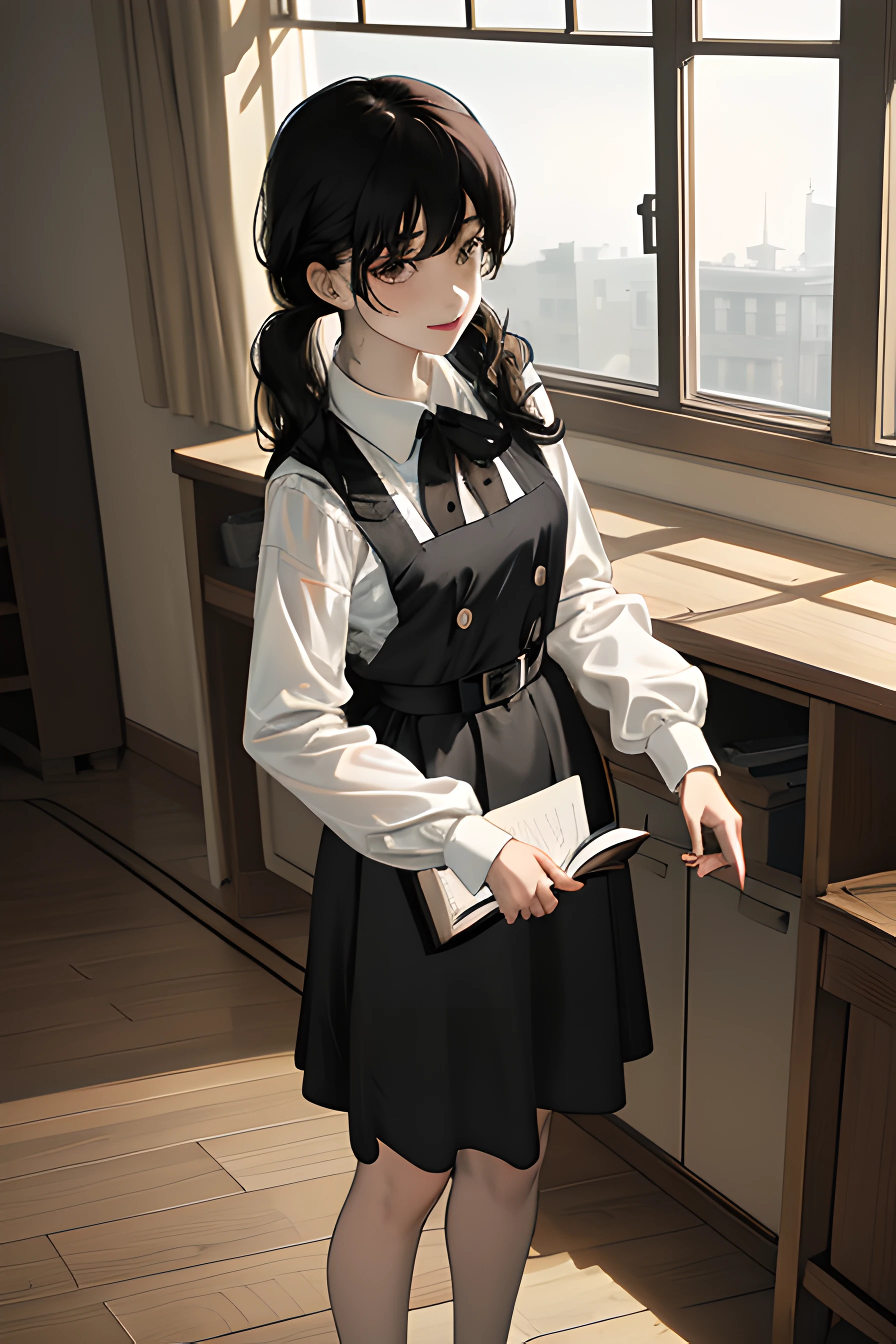 8k, raw camera, highres, detailed, masterpiece, portrait, photorealistic, hyperrealist, aesthetic, beautiful, best quality, highly detaile, best quality clothing, aesthetic clothings, professional angle, rule of thirds, Feminine, delicate, beautiful, 19 years, attractive Japanese, solo, 1 girl, (Asa Mitaka), (In School Classroom ), (Full body), ((From Front) Shallow Depth of Field), -, ((Calm)), (Medium  Hair, Black Hair), (Loose Hair, Bangs, Hair Clip on one Side of the Bangs, Semi Wavy Hair), ((Twin Tails Back)), (Dark Brown Eyes, Open Eyes, Concentrated Gaze), (-, Hands Down Holding Book), (Standing, Mouth Closed Smiling), -, -, (Medium Bust), ((Black Pinafore and White Shirt underneath, Long Sleeves)), (Black Ribbon, Black  Belt, -), (-), beautiful body, beautiful eyes, shiny eyes, shiny hair, beautiful mouth, beautiful lips, beautiful skin, beautiful teeth, perfect teeth, beautiful face