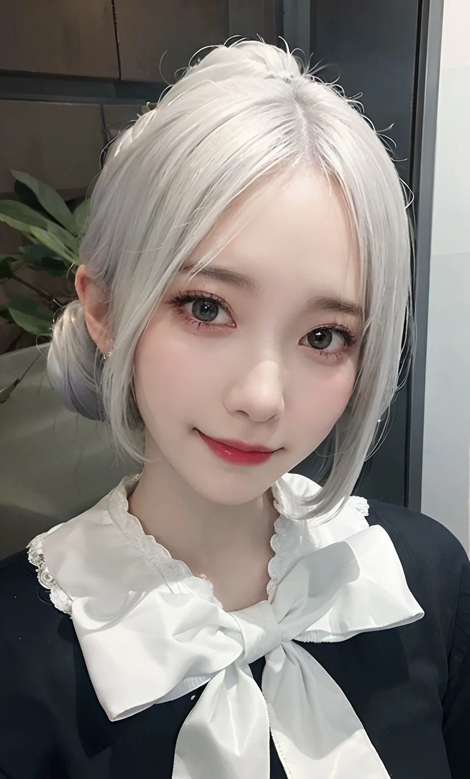 (Raw photography:1.2)、top-quality、a beautiful detailed girl、White hair color、Long and slightly wound、2 hair buns on top、A smile、Idol、extremely detailed eye and face、beatiful detailed eyes、huge filesize、hight resolution、8k wallpaper、finely detail、wall-paper、Light on the Face、电影灯光、****************、Idle Pose、(photorealisim:1.4)、illustratio、super detailing、​masterpiece、White fur hair elastic、Fluffy dress with white ribbon