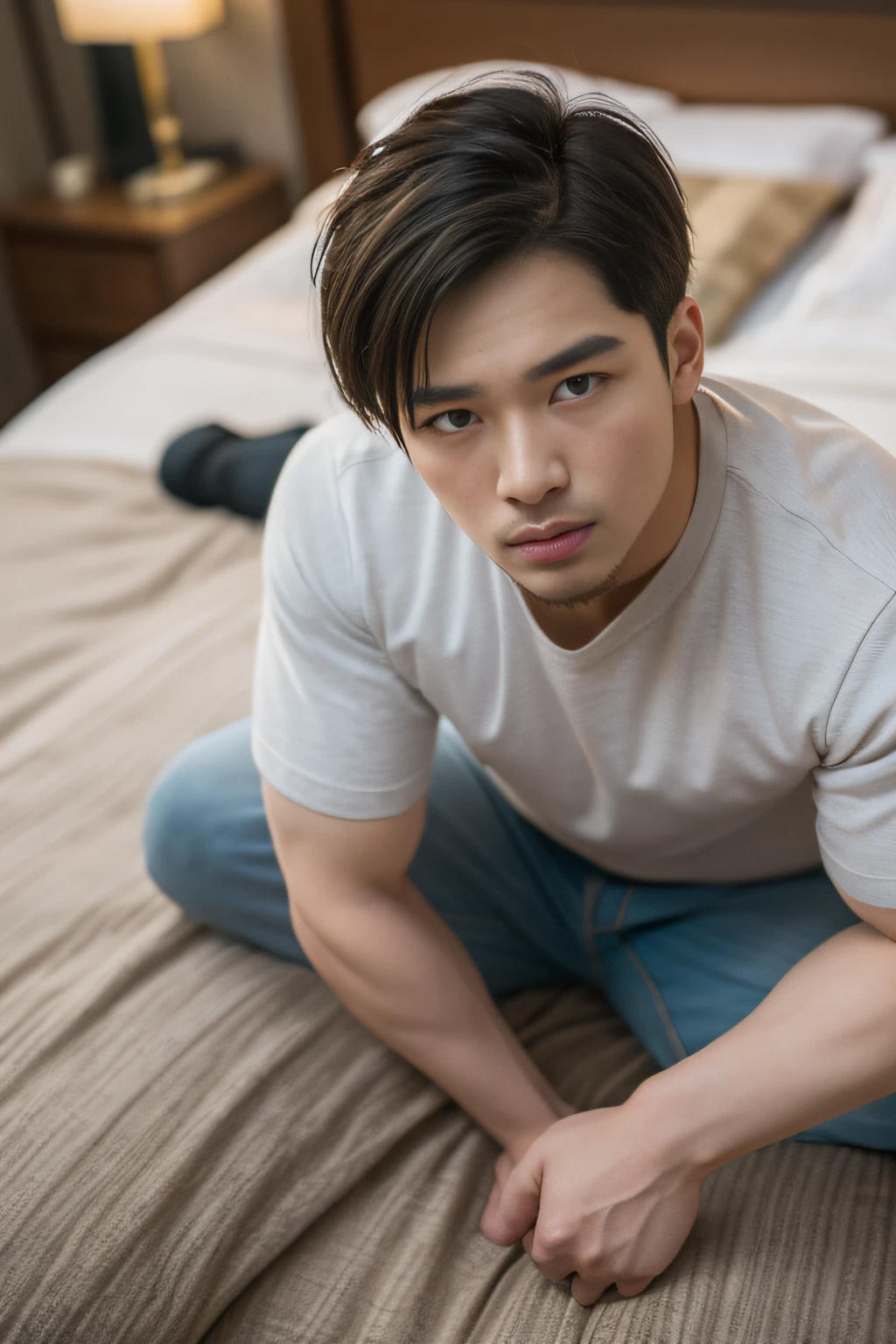 top-quality、masterpiece、超A high resolution、(realisitic:1.4)、详细的脸、独奏、1human male、The upper part of the body、Dark hair、glistning skin、dense skin、(asian human)、architectural、(absurderes、hight resolution、ultra-detailliert)、、1 male、Adults、(20-year-old man)、a handsome、tall muscular man、broad shoulder、extra very short hair、angular jaws、thick neck、thick eyebrow、extra very short hair、A dark-haired、fine eyes and detailed face、 Highly detailed CG Unity 8K wallpapers、intricate-detail、(Style Swirl Magic:0.7)、looking at the spectator、独奏、(full body Esbian:0.6)、细致背景、A detailed face、dynamicposes、、Urban background、dynamic compositions、 big muscle、、((Crotch bulge))、a handsome、 ((masutepiece:1.4, Best Quality)), ((masutepiece, Best Quality)), (photographrealistic:1.4)、sprawl、From above、Outstretched arms、irate、a bed、Rough breath、Sexual facial expressions、Lying down、Japan men、hotels room、(Stick out your tongue and open your mouth:1.2)、(eyes up:1.3)、Undressing gestures