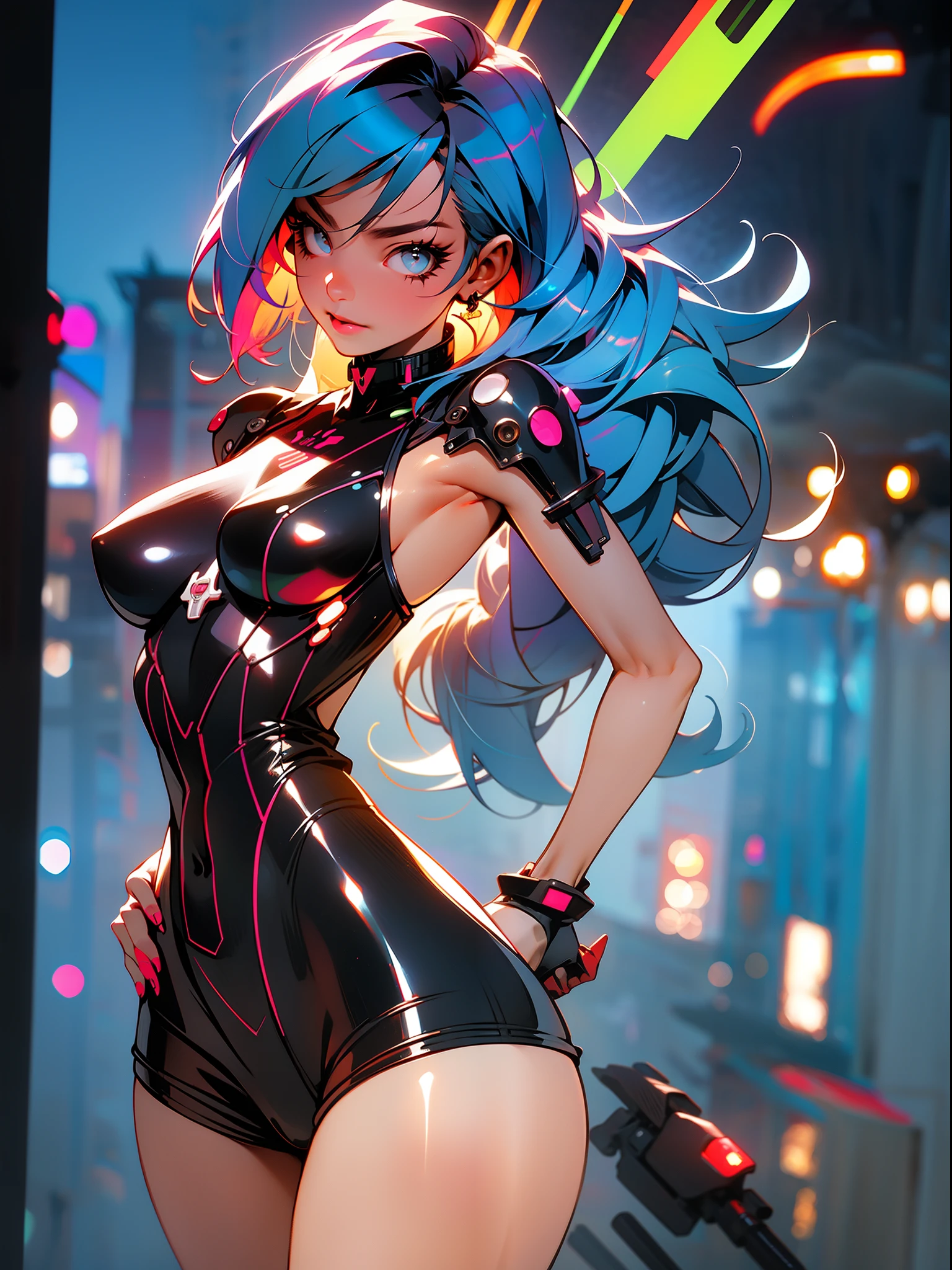 ((Best quality)), ((masterpiece)), (detailed: 1.4), (Absurd), light-skinned ta with micro bikini, Genesis evangelion neon style clothing, 2 piece clothing, colored hair, tattoo on arms, cybernetic hand, pastel, centered, scale to fit dimensions, HDR (High Dynamic Range),Ray Tracing,NVIDIA RTX,Super-Resolution,Unreal 5,Subsurface dispersion, PBR texture, Post-processing, Anisotropic filtering, Depth of field, Maximum clarity and sharpness, Multilayer textures, Albedo and specular maps, Surface shading, Accurate simulation of light-material interaction, Perfect proportions, Octane Render, Two-tone lighting, Wide aperture, Low ISO, White balance, Rule of thirds, 8K RAW, crysisnanosuit
