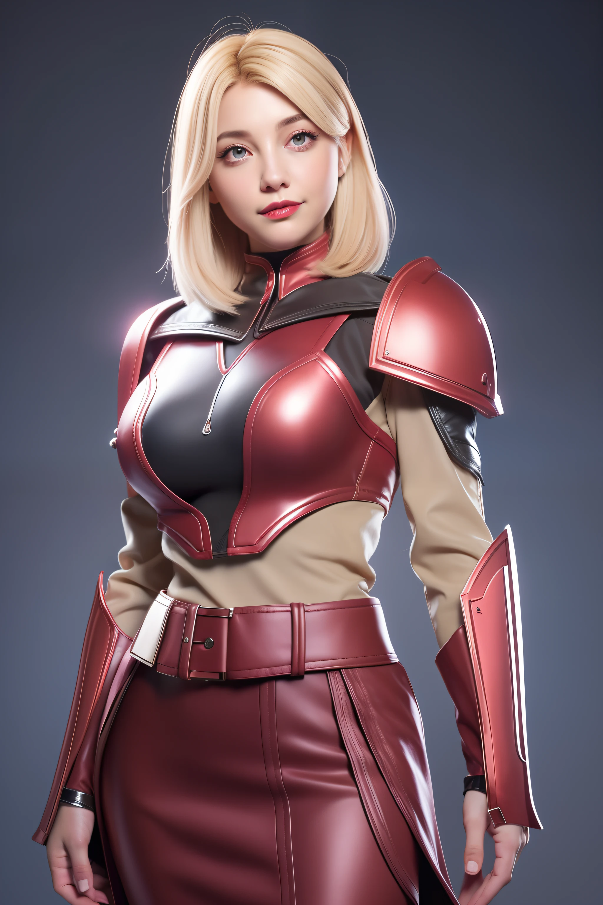 Beautiful Face Woman、a blond、transparent backround、 Beautuful Women、18year old、prety woman、hyper realistic photography、High-definition photos、Red Lipstick、Mandalorian Style Metal Armor Skirt Suit、big eye、The skin is not very exposed、Do not cut your head off the screen、skirt by the、Transparency