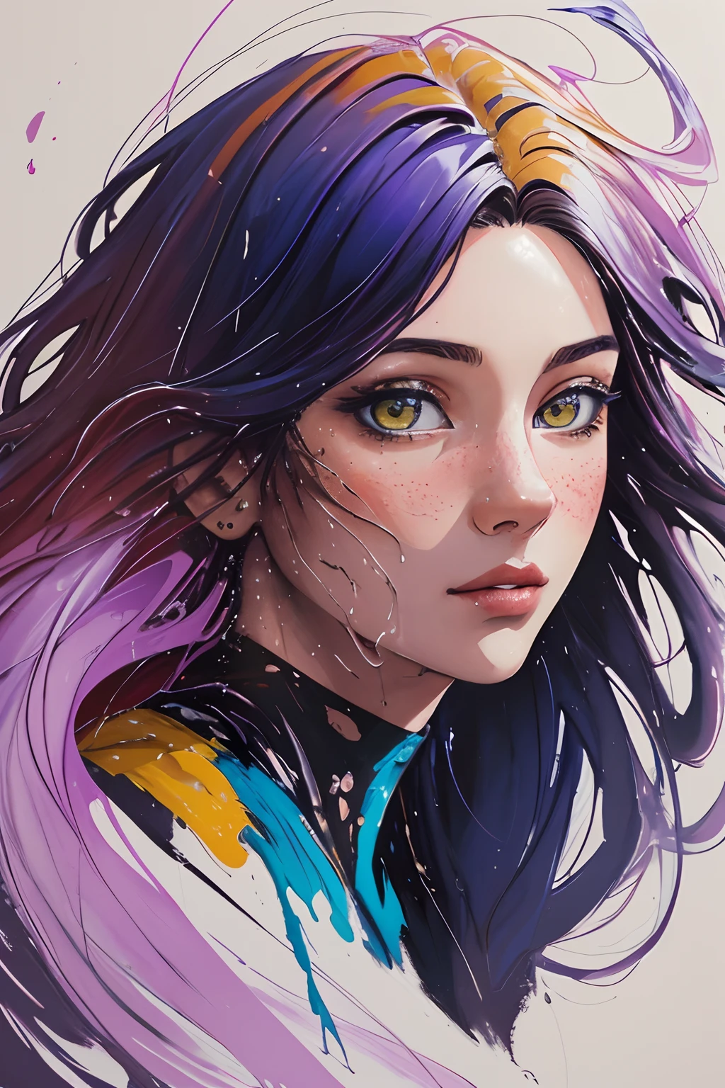 Colorful beautiful girl: a giru 20-years old, messy hair, oil painting, nice perfect face with soft skinice perfect face, blue yellow colors, light purple and violet additions, light red additions, intricate detail, splash screen, 8k resolution, masterpiece, cute face,artstation digital painting smooth veryBlack ink flow: 8k resolution photorealistic masterpiece: intricately detailed fluid gouache painting: by Jean Baptiste Mongue: calligraphy: acrylic: watercolor art, professional photography, natural lighting, volumetric lighting maximalist photoillustration: by marton bobzert:, complex, elegant, expansive, fantastical,  wavy hair, vibrant
