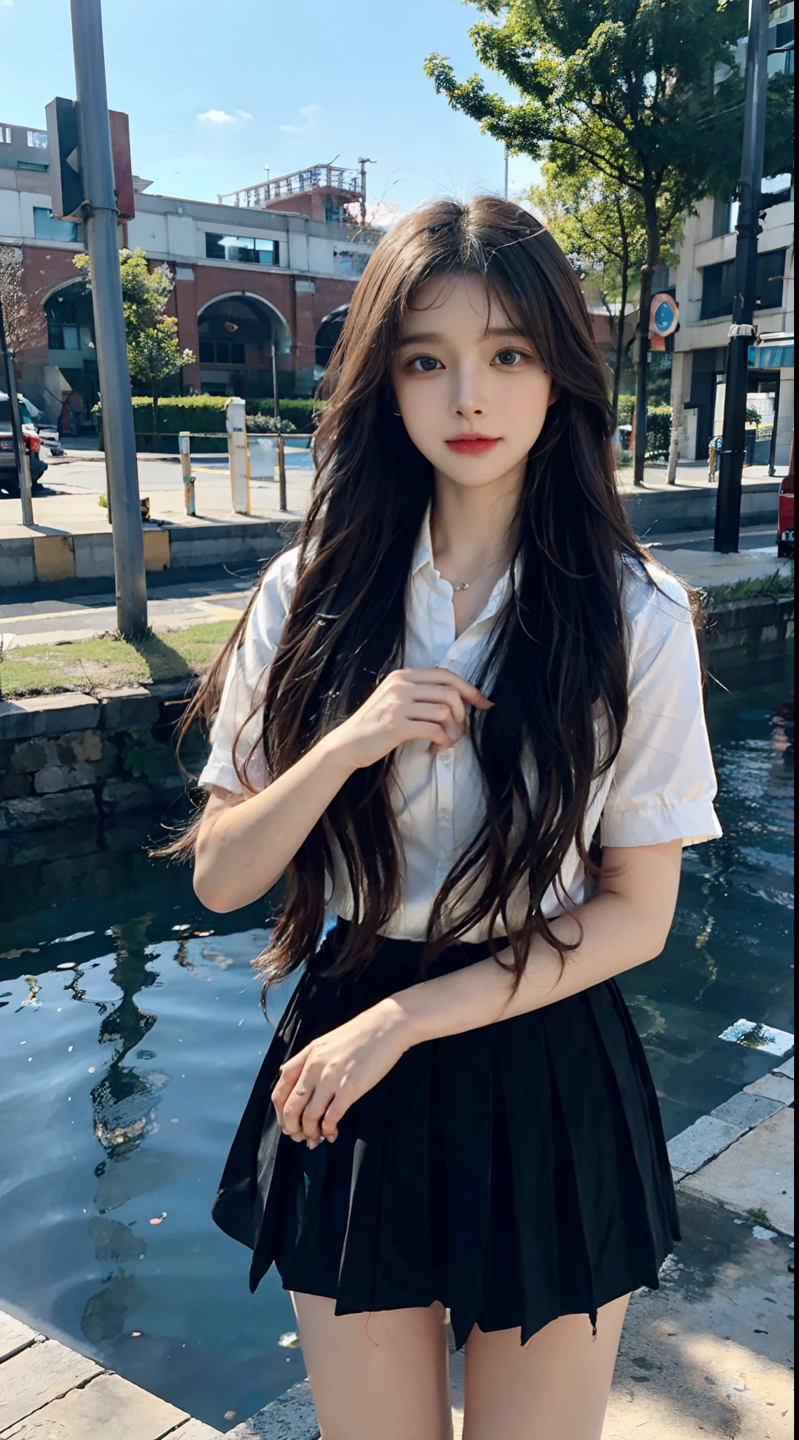 {Masterpiece},{Best quality},{1girll,{{Loli},Brown hair,Blue eyes,Very long hair,hair flower,school uniform,Mini skirt,cheerfulness}},Amazing,Beautiful detailed eyes,finedetail,Depth of field,Extremely detailed CG,Original,Outdoors,Beautiful and delicate hands,Beautiful detailed fingers,soaking wet,{Knees under water},standing,{beautiful detailed  water,Beautiful detailed sky,fluttered detailed splashs},author：Paul Hedley,Colorful,hdr,{{colorful refraction}},{{Cinematic lighting}},