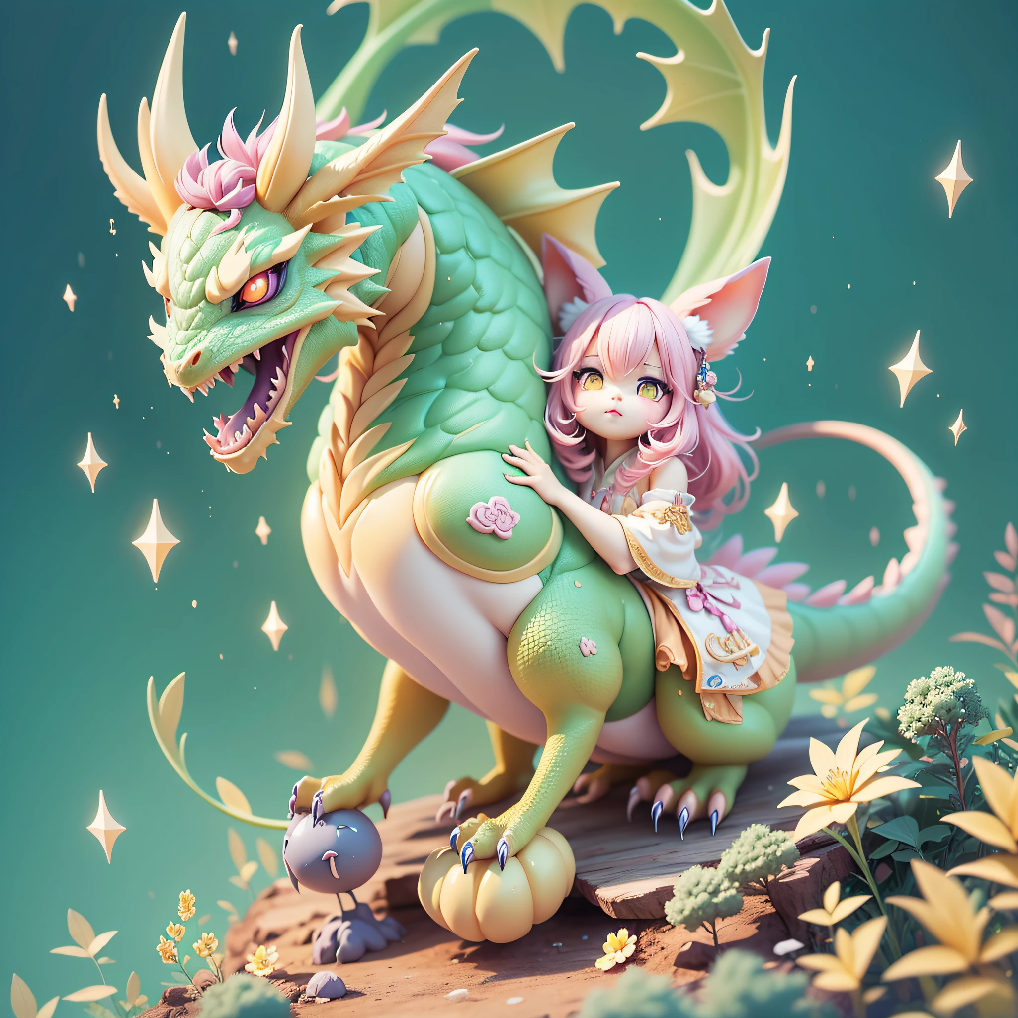 Chinese anime - with a yellow mane and（Dragon with pink horns）, Cute detailed digital art, lovely digital painting, cute 3 d render, adorable digital art, 3 d render stylized, hyper-detailed fantasy character, 8K high quality detailed art, cute detailed artwork, stylized as a 3d render, stylized 3d render, cute little dragon, Detailed fanart, fantastical creature