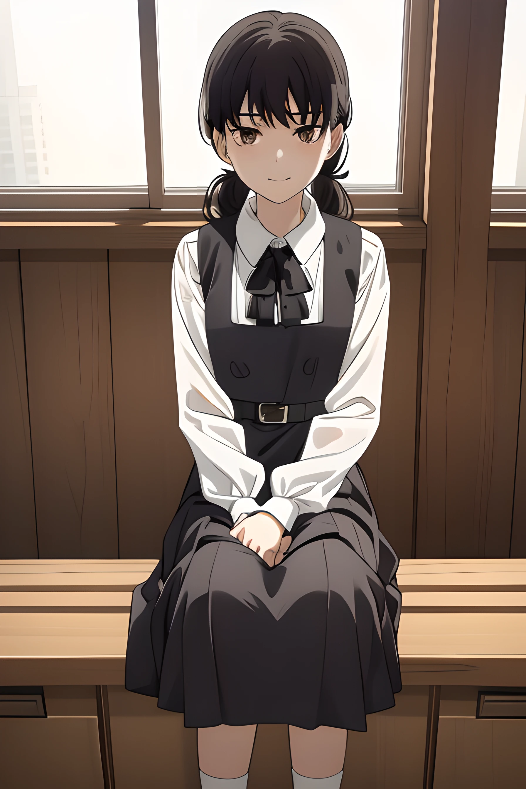 8k, raw camera, highres, detailed, masterpiece, portrait, photorealistic, hyperrealist, aesthetic, beautiful, best quality, highly detaile, best quality clothing, aesthetic clothings, professional angle, rule of thirds, Feminine, delicate, beautiful, 19 years, attractive Japanese, solo, 1 girl, (Asa Mitaka), (In School Classroom ), (Full body), ((From Front) Shallow Depth of Field), -, ((Calm)), (Medium Hair, Black Hair), (Loose Hair, Bangs, Hair Clip on one Side of the Bangs, Semi Wavy Hair), ((Twin Tails Back)), (Dark Brown Eyes, Open Eyes, Concentrated Gaze), (-, Hands Down Holding Book), (Standing, Mouth Closed Smiling), -, -, (Medium Bust), ((Black Pinafore and White Shirt underneath, Long Sleeves)), (Black Ribbon, Black Belt, -), (-), beautiful body, beautiful eyes, shiny eyes, shiny hair, beautiful mouth, beautiful lips, beautiful skin, beautiful teeth, perfect teeth, beautiful face