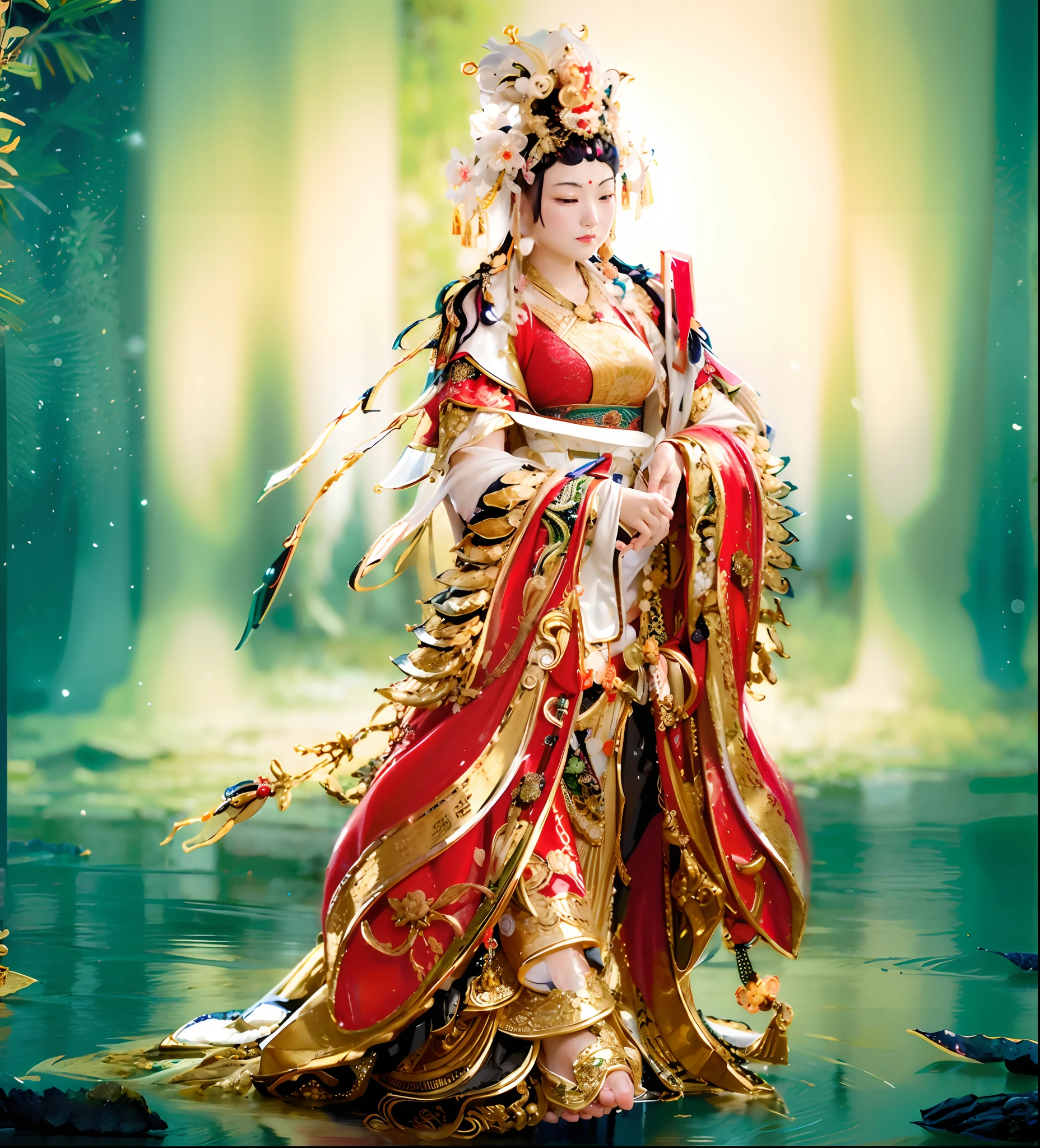 Red and gold gorgeous Hanfu,Phoenix robe,detail-rich,