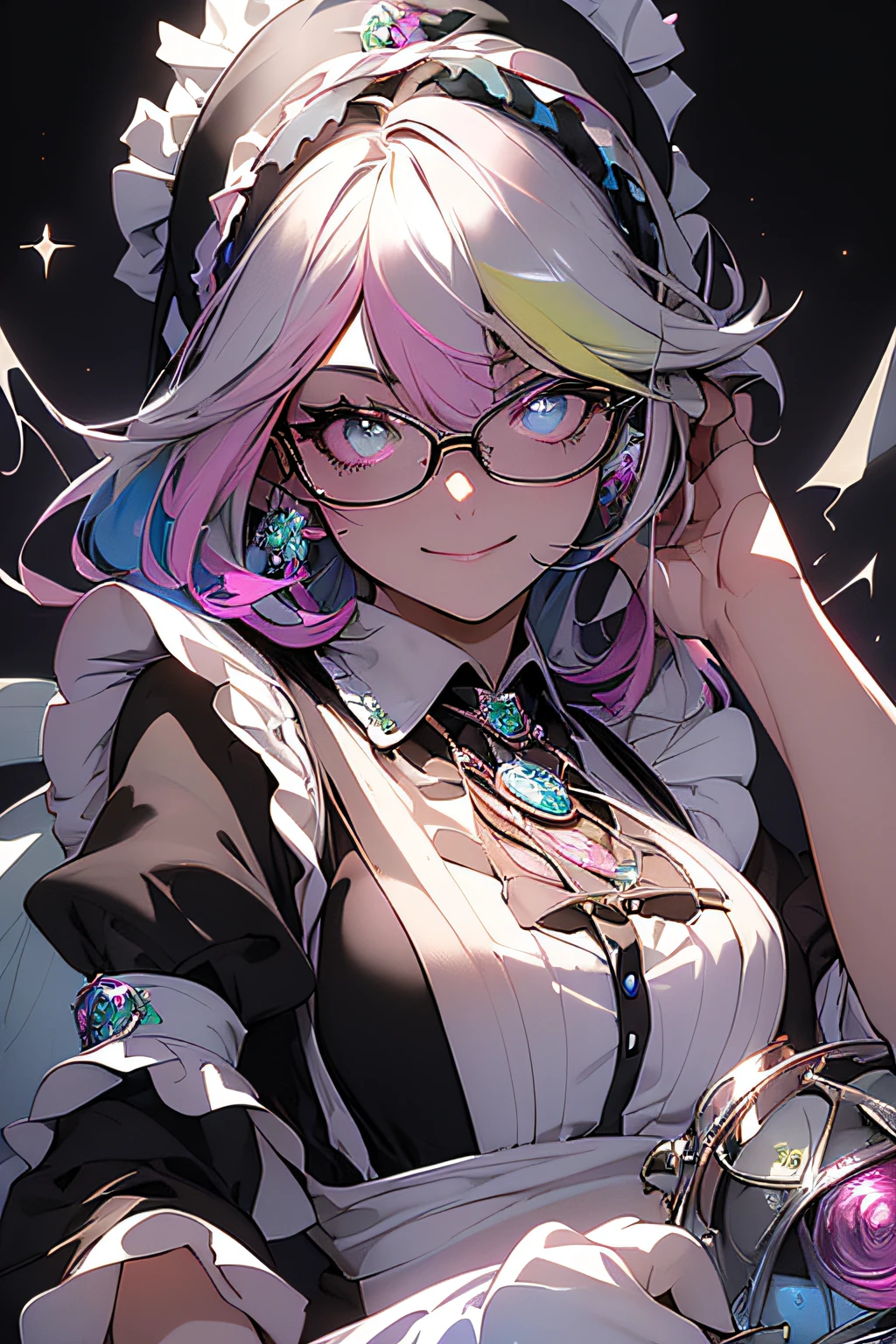 ((masterpiece、top-quality、Watercolor art(Pendants)、Official art、Beautifully Aesthetic:1.2))、(1girl in:1.3)、(Fractal Art:1.3)、full body Esbian、((Glitter pupils))、patterns、((rainbow-colored hair、colourful hair、Half blue and half pink hair:1.2))、colourfull、(Silver-rimmed glasses)、Writing、heterochromia iridis、(colourfull:1.5)、(((black maid outfit:1.5)))、((The best smile))、((maikurobikini))、(Standing)、(Hyper-detailing), ((delicate detail)), (intricate detailes), ((ciinematic light, best quality backlight)), highcontrast, ((The best lighting, extremely delicate and beautiful)), ((ciinematic light))、(ray trace reflection、brilliance)、((glowing aura))、((Radiant hair))、((The ultra-detailliert))、((8K))、((Western-style house))