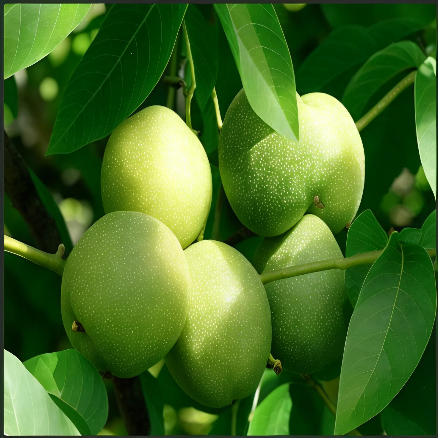 There are four green fruits on the tree，There are leaves, with fruit trees, fruit trees, 1/30, walnuts, passion fruits, close up of iwakura lain, walnuts, Sakuga, green eays, plumbus, fruitcore, material is!!! plum!!!, an elegant green, !!Natural beauty!!