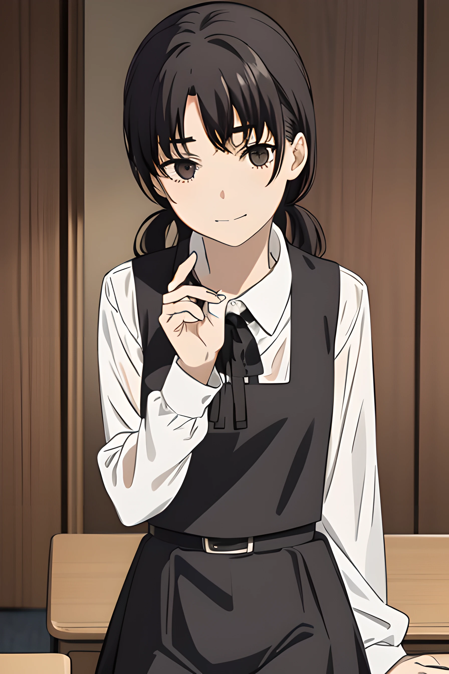 8k, raw camera, highres, detailed, masterpiece, portrait, photorealistic, hyperrealist, aesthetic, beautiful, best quality, highly detaile, best quality clothing, aesthetic clothings, professional angle, rule of thirds, Feminine, delicate, beautiful, 19 years, attractive Japanese, solo, 1 girl, (Asa Mitaka), (In School Classroom ), (Full body), ((From Front) Shallow Depth of Field), -, ((Calm)), (Medium Hair, Black Hair), (Loose Hair, Bangs, Hair Clip on one Side of the Bangs, Semi Wavy Hair), ((Twin Tails Back)), (Dark Brown Eyes, Open Eyes, Concentrated Gaze), (-, Hands Down Holding Book), (Standing, Mouth Closed Smiling), -, -, (Medium Bust), ((Black Pinafore and White Shirt underneath, Long Sleeves)), (Black Ribbon, Black Belt, -), (-), beautiful body, beautiful eyes, shiny eyes, shiny hair, beautiful mouth, beautiful lips, beautiful skin, beautiful teeth, perfect teeth, beautiful face