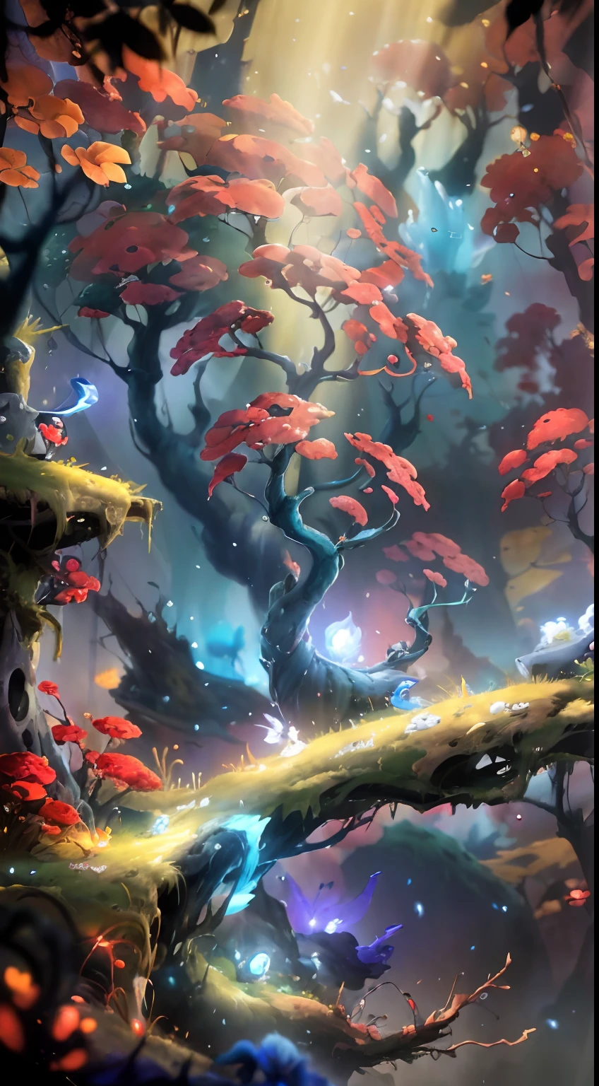 by Pino Daeni, by Ruan Jia, by Alayna Lemmer, by Carlo Galli Bibiena, spiritual tree, twilight ray, golden light, (Ori and the Blind Forest), (Ori and the Will of the Wisps), 2D game, digital art, realistic proportions, sharp focus, (HDR), (8k), (gigapixel), ((masterpiece)), ((Rayman fighting against enemies)),