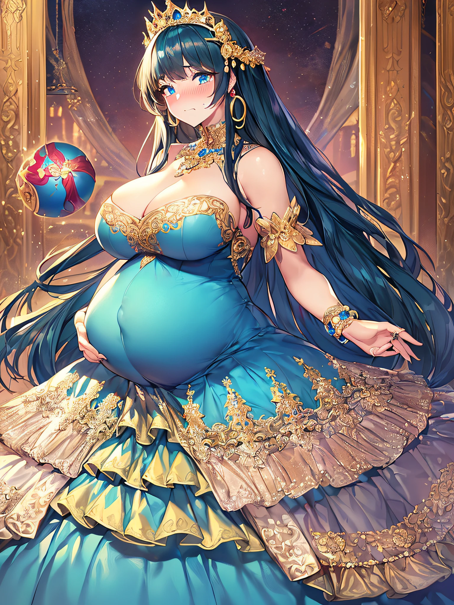 ((anime artstyle)),(Masterpiece),(Best Quality), (Super Detail),((Very Delicate and Beautiful)),(((Solo))),((full body)),(((1 bling-bling pregnant princess in beautiful embroidery and jeweled gorgeous rococo ball gown dress with voluminous full length hoop skirt))),((heavily pregnant)),very big pregnant belly,((bling-bling)),Long train,(bling-bling gorgeous gemstone jewelry),detailed face and eyes,jewel-like eyes,cry,(((embarrassed))),((large amount of straight hair,extremely voluminous Very Long Hair,Very Long Straight Hair)),(((gigantic tits,Long tits))),cleavage,(gorgeousfull embroidery and lace),gorgeous corsage,See-through,extremely gorgeousfull hair ornament,((bling-bling extremely gorgeousfull jeweled tiara)),ornate ruffles,(hoop skirt,crinoline),((Dynamic Angle)),Looking at viewer,((royal bedroom)),((full body)),((beautiful embroidery and jeweled extremely gorgeous rococo ball gown dress with voluminous full length hoop skirt))