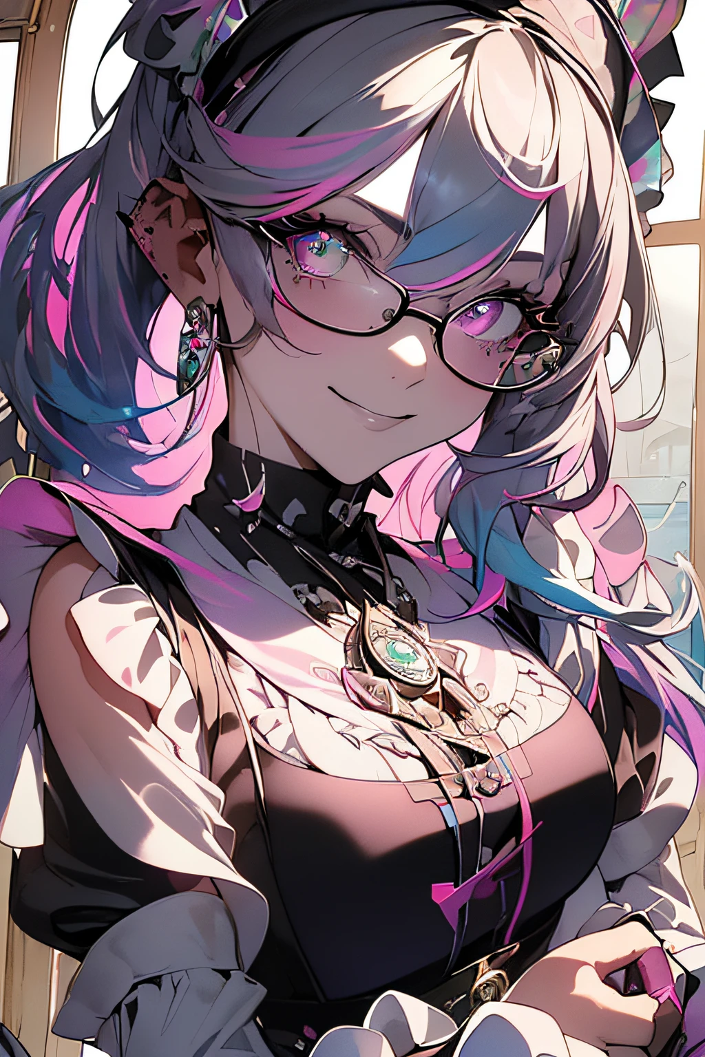 ((masterpiece、top-quality、Watercolor art(Pendants)、Official art、Beautifully Aesthetic:1.2))、(1girl in:1.3)、(Fractal Art:1.3)、full body Esbian、((Glitter pupils))、patterns、((rainbow-colored hair、colourful hair、Half blue and half pink hair:1.2))、colourfull、(Silver-rimmed glasses)、Writing、heterochromia iridis、(colourfull:1.5)、(((Black Maid Outfit:1.5)))、((The best smile))、((maikurobikini))、(Standing)、(Hyper-detailing), ((delicate detail)), (intricate detailes), ((ciinematic light, best quality backlight)), highcontrast, ((The best lighting, extremely delicate and beautiful)), ((ciinematic light))、(ray trace reflection、brilliance)、((glowing aura))、((Radiant hair))、((The ultra-detailliert))、((8K))、((Western-style house))