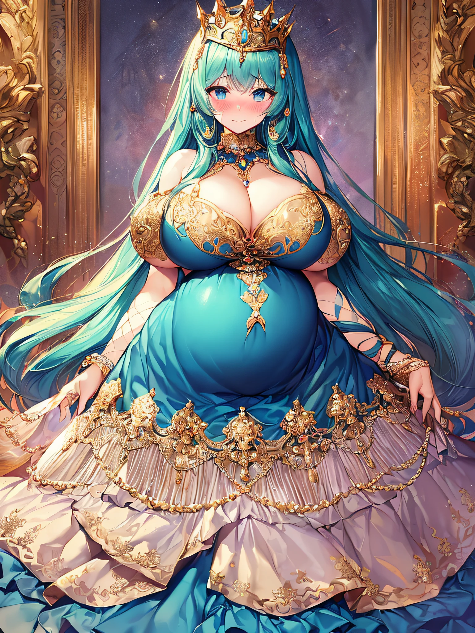 ((anime artstyle)),(Masterpiece),(Best Quality), (Super Detail),((Very Delicate and Beautiful)),(((Solo))),((full body)),(((1 bling-bling pregnant princess in beautiful embroidery and jeweled gorgeous rococo ball gown dress with voluminous full length hoop skirt))),((heavily pregnant)),very big pregnant belly,((bling-bling)),Long train,(bling-bling gorgeous gemstone jewelry),detailed face and eyes,jewel-like eyes,cry,(((embarrassed))),((large amount of straight hair,extremely voluminous Very Long Hair,Very Long Straight Hair)),(((gigantic tits,Long tits))),cleavage,(gorgeousfull embroidery and lace),gorgeous corsage,See-through,extremely gorgeousfull hair ornament,((bling-bling extremely gorgeousfull jeweled tiara)),ornate ruffles,(hoop skirt,crinoline),((Dynamic Angle)),Looking at viewer,((royal bedroom)),((full body)),((beautiful embroidery and jeweled extremely gorgeous rococo ball gown dress with voluminous full length hoop skirt))