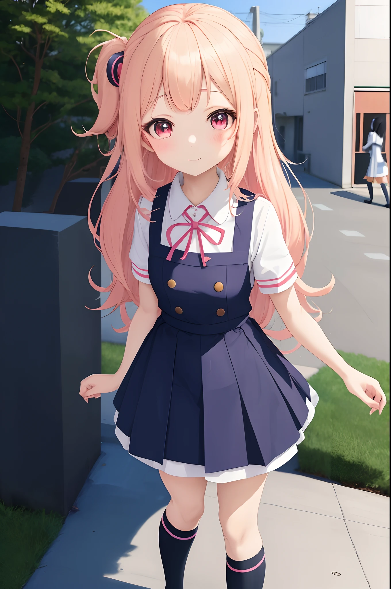 anime girl in a school uniform walking down a sidewalk, loli in dress, cute anime waifu in a nice dress, anime visual of a cute girl, small curvy loli, smooth anime cg art, anime moe artstyle, cute anime girl, young anime girl, a hyperrealistic schoolgirl, anime style. 8k, portrait of cute anime girl