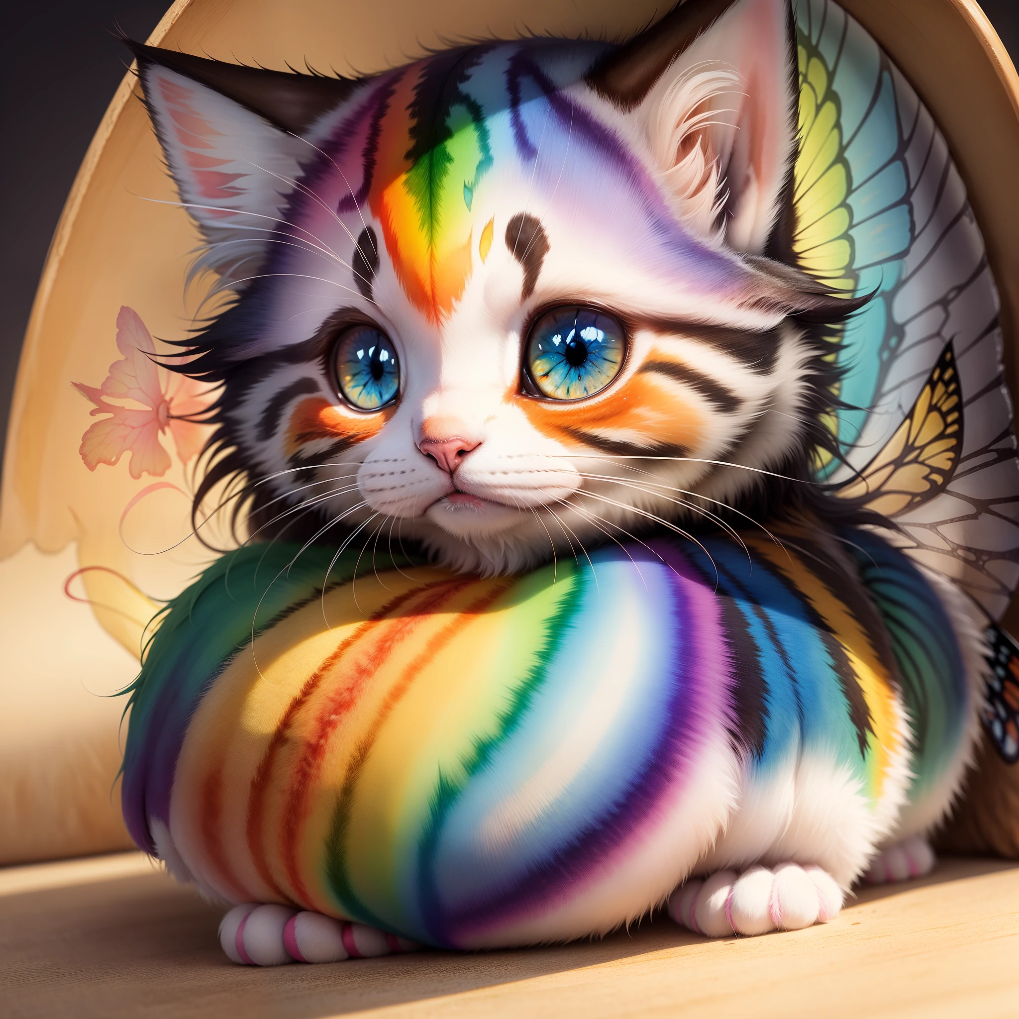 “highly detailed watercolor of an adorable rainbow fluffy kitten with a butterfly on its nose, Lyrical abstraction, watercolor, detailed and intricate, colorful, 4K, by Lisa Frank, Jean Baptiste Monge and Robert Oxley; highly detailed; delicate kitten fur; detailed chibified reflective eyes”