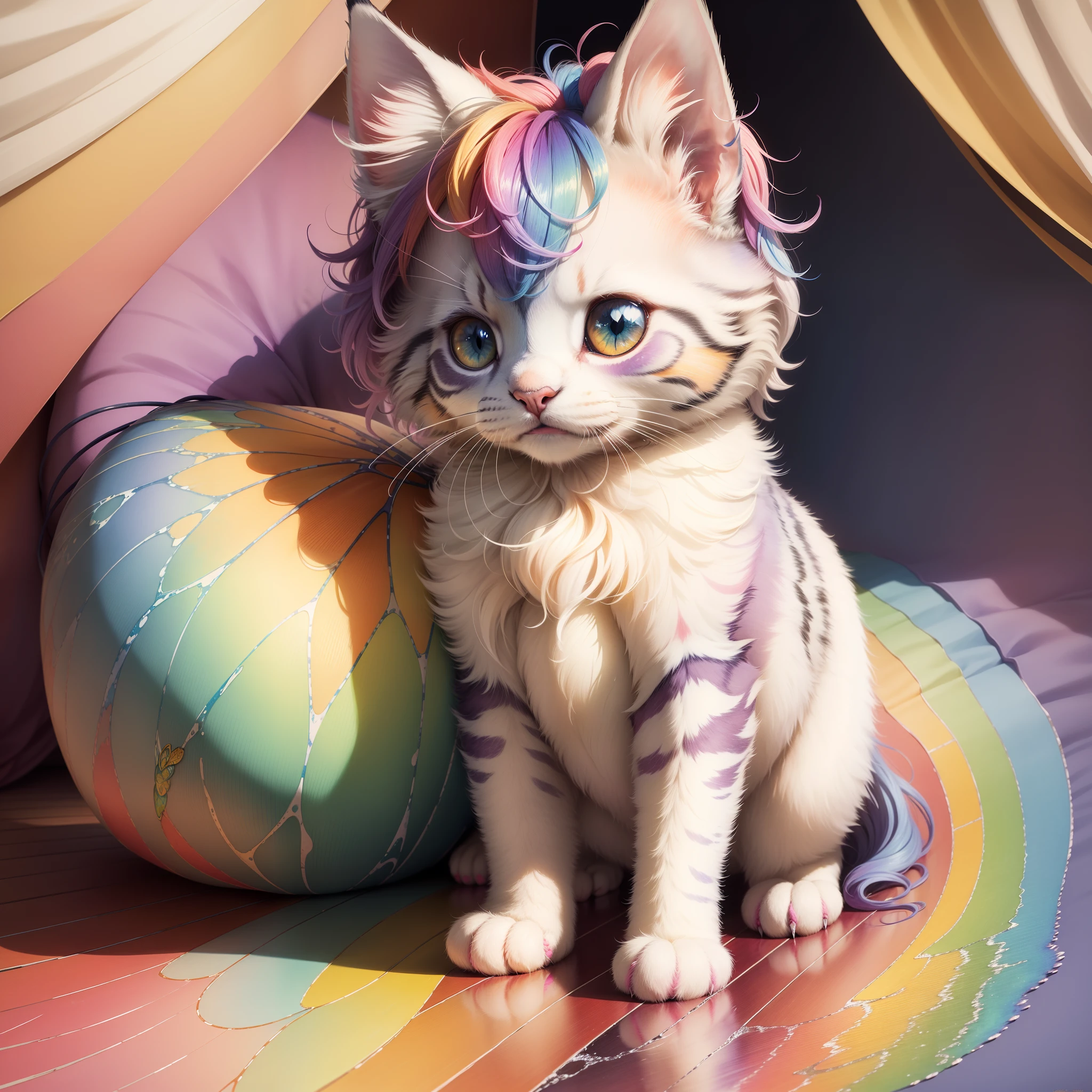 “highly detailed watercolor of an adorable rainbow fluffy kitten with a butterfly on its nose, Lyrical abstraction, watercolor, detailed and intricate, colorful, 4K, by Lisa Frank, Jean Baptiste Monge and Robert Oxley; highly detailed; delicate kitten fur; detailed chibified reflective eyes”